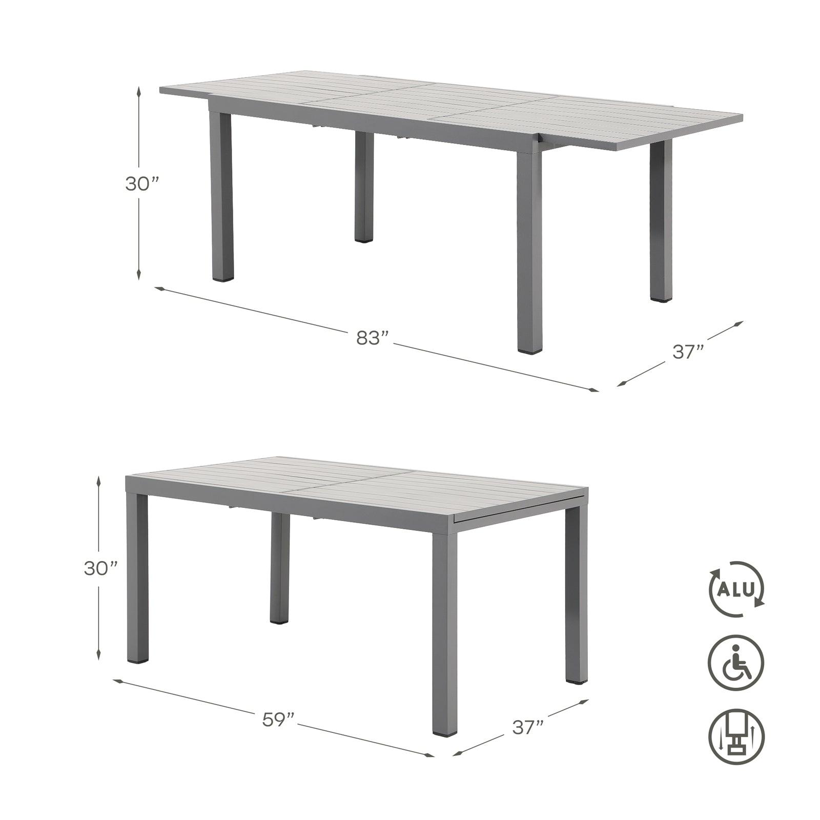 Aluminum frame dining table with extension deisgn, Dimension info- Jardina Furniture