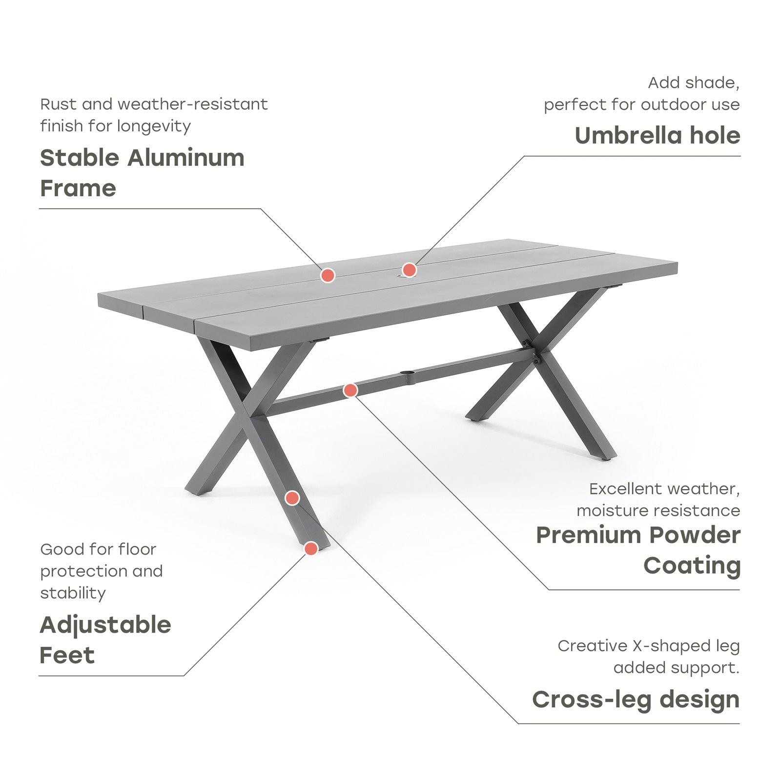 Salina Modern Aluminum Outdoor Dining Table for 8 with Umbrella Hole, Grey Aluminum Frame, Rectangular Shape, X-Shaped Leg Design - Jardina #color_Dark Grey