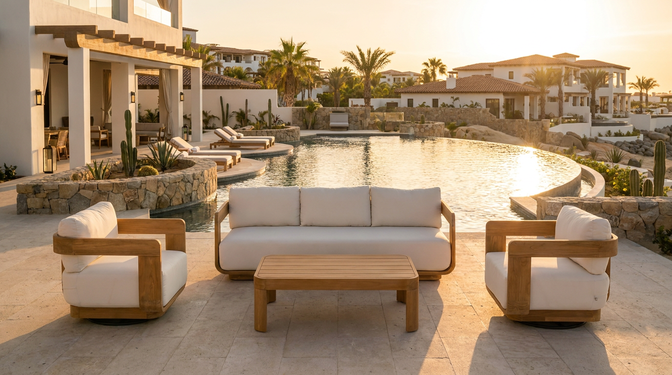 A 4-piece outdoor patio furniture set consisting of a three-seater sofa, two armchairs, and a rectangular coffee table, all in a light wood frame with off-white cushions, arranged on a stone patio in front of a resort-style swimming pool at sunset.