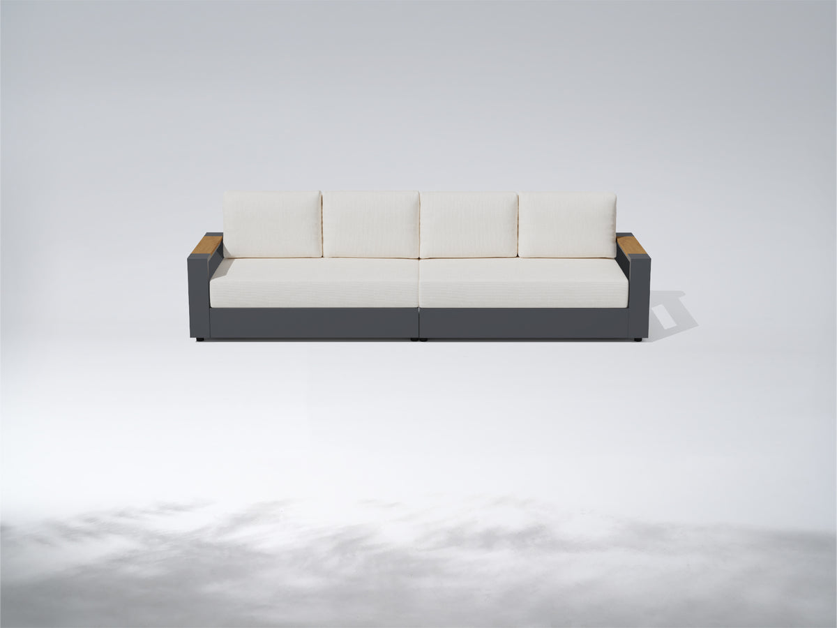 A modern outdoor three-seater sofa with cream-colored cushions and a dark gray frame, featuring light wood armrests, shown against a light gray studio background. #config_4‑Seat Straight