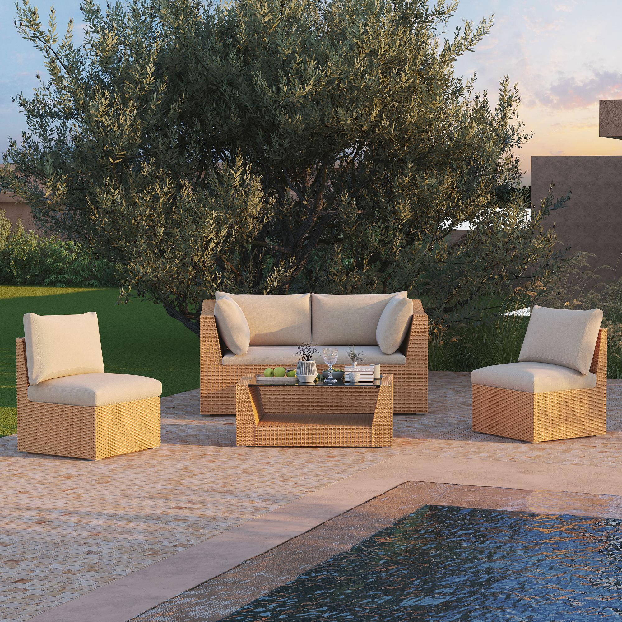 Elba Modern Wicker Outdoor Furniture, natural color Rattan Outdoor Sectional Sofa Set with beige cushions- Jardina Furniture
