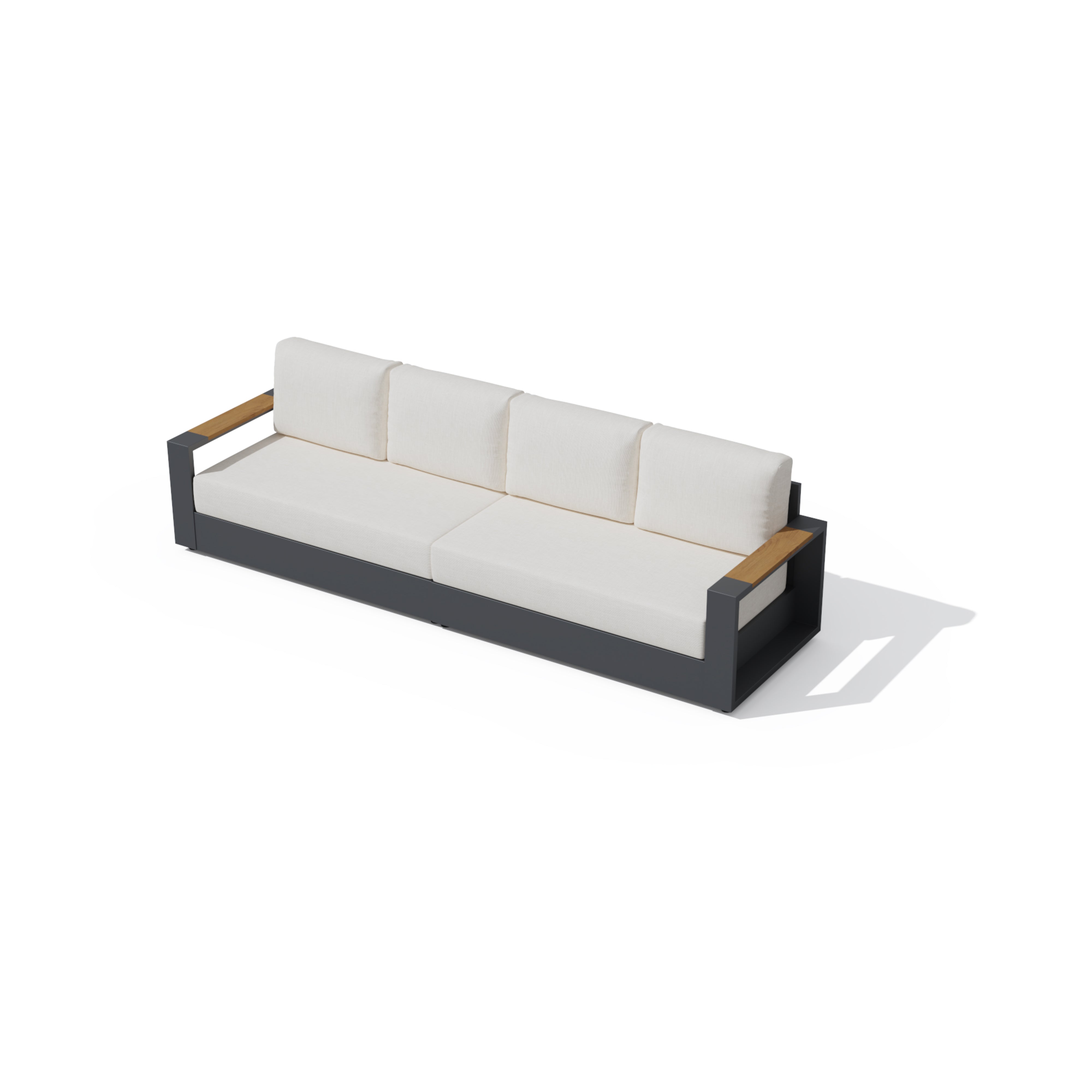 A modern outdoor three-seater sofa with off-white cushions and light wood armrests, set against a plain white background. #config_4‑Seat Straight