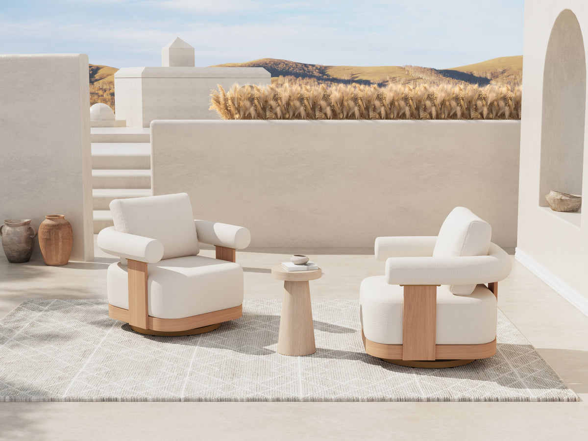 Cassie & Matera Wood-Look Aluminum Outdoor Swivel Chair Set with Concrete Side Table, 360° Rotating & Textured White Cushon