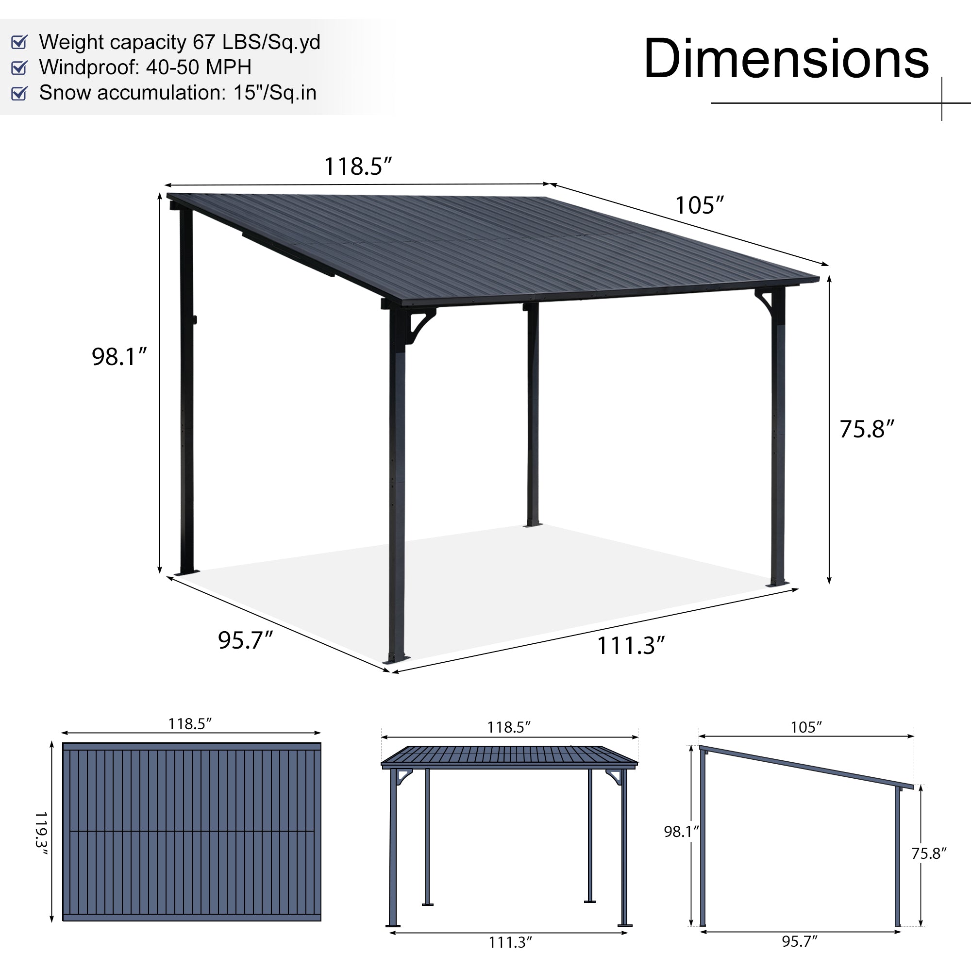 Wall-Mounted Hardtop Gazebo with Metal Awning & Drainage-Multiple Sizes (Dark Grey)