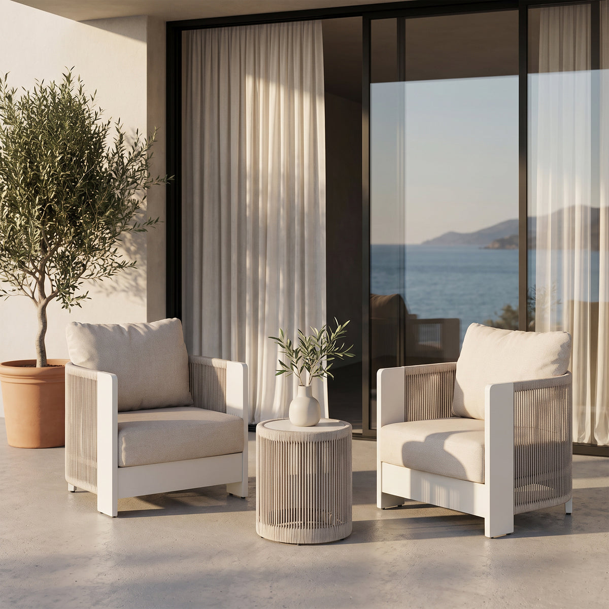 Irati 3-Piece Rope Rattan Aluminum Outdoor Conversation Set, Olefin Cushions, Oyster White