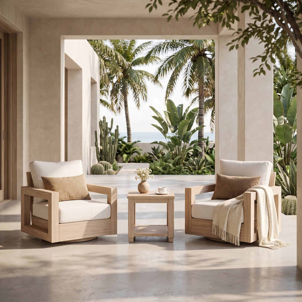 Vela 3-Piece Outdoor Swivel Chairs with Side Table, Wood-Look Aluminum Frame, Sunbrella® Cushions