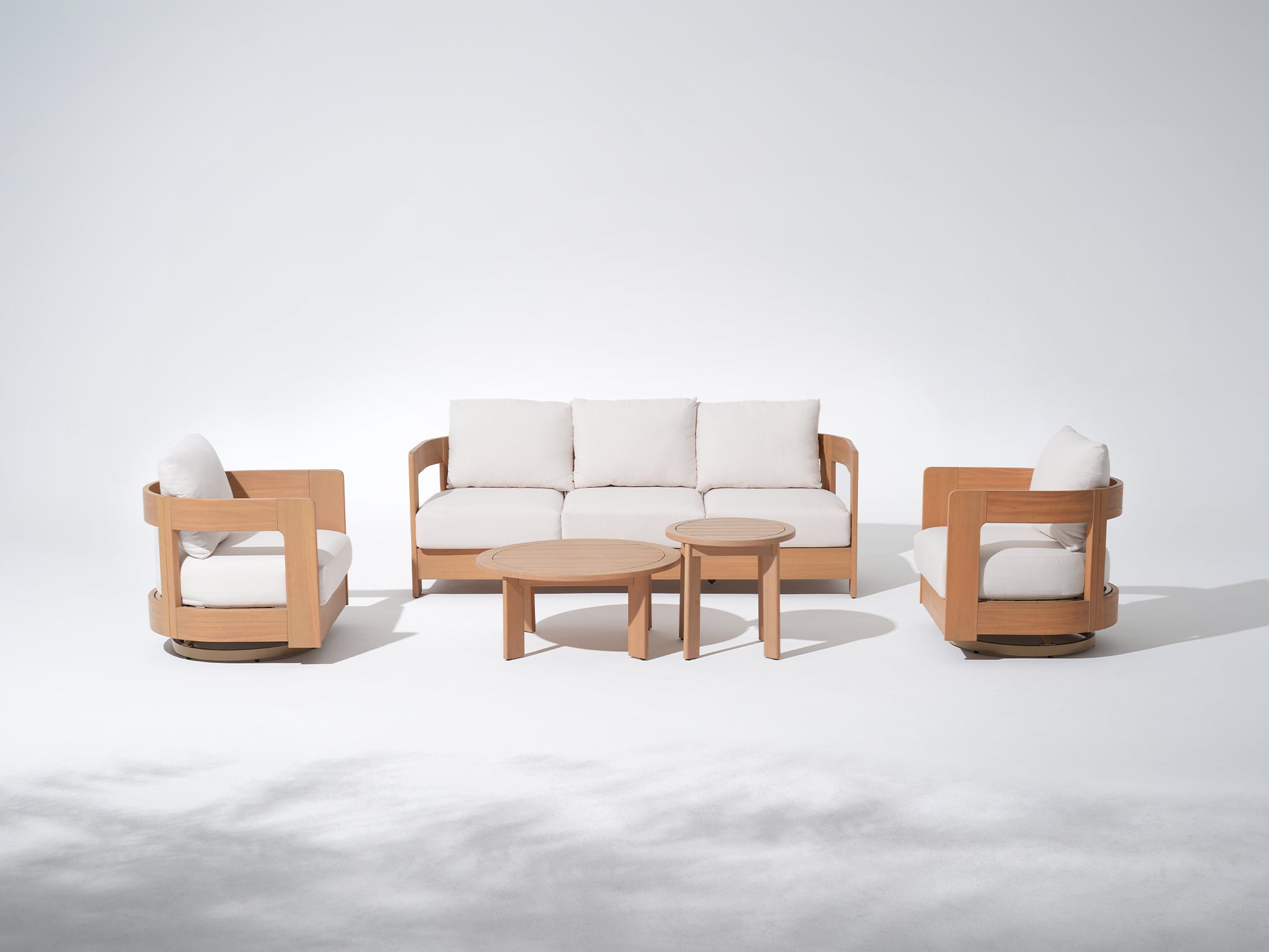 Sova Wood Outdoor Furniture Conversation Set with Swivel Chairs & Two