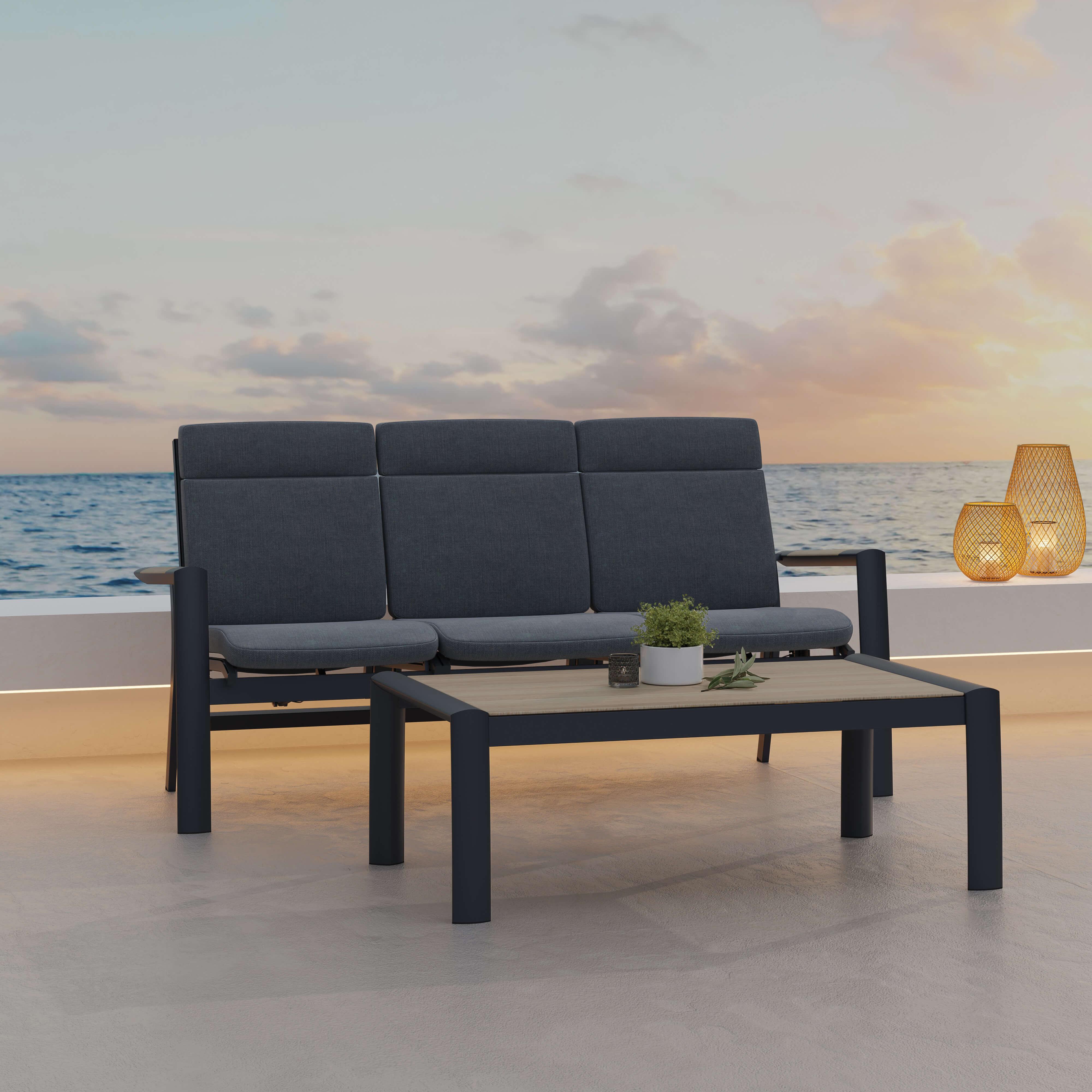 Capri Modern Aluminum Outdoor Furniture, adjustable 3-seater outdoor Sofa with grey cushions + 1 rectangle coffee table, on the deck, beside the sea- Jardina Furniture