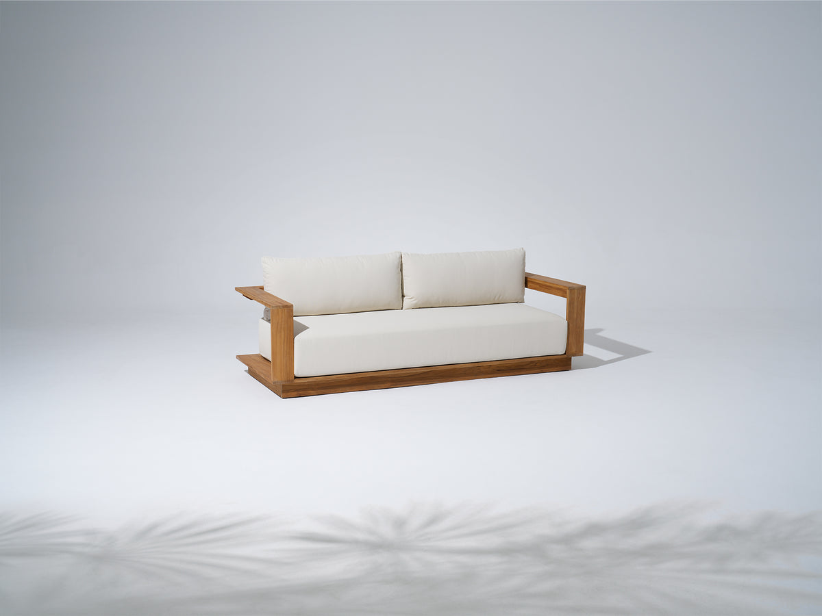 Braga FSC-Certified Teak 3-Seater Outdoor Sofa, Wide Storage Armrests, Thick Cream Olefin Cushions