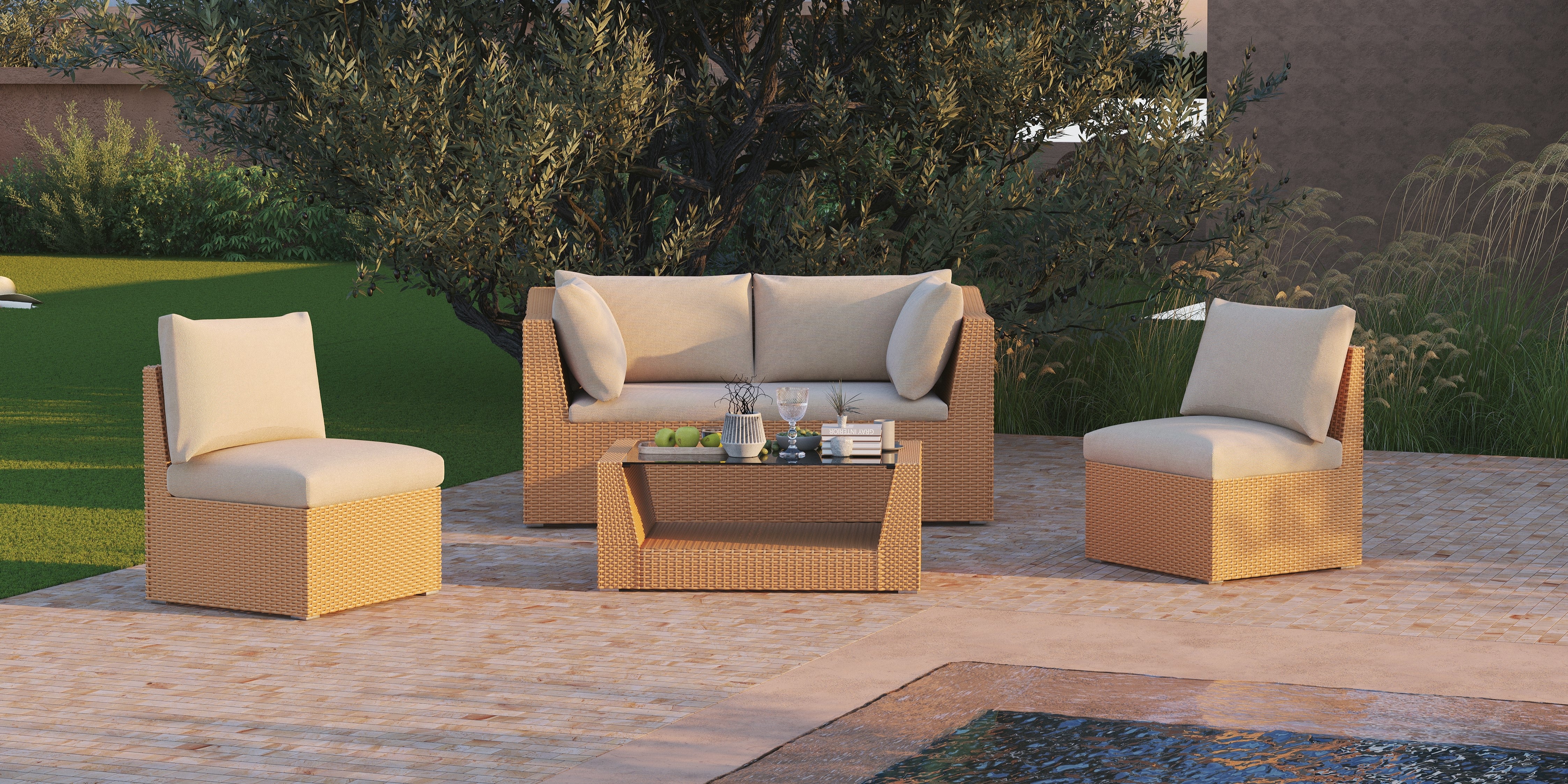 natural modern wicker outdoor sofa set with cushions