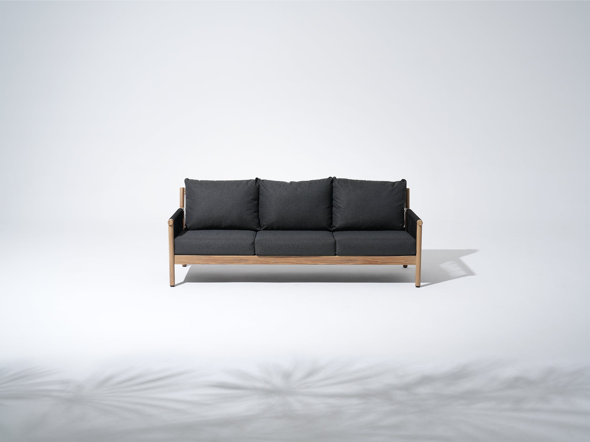 Arlo 3-Seat Aluminum Outdoor Sofa with Rope Design, Wood-Look, Black Cushions