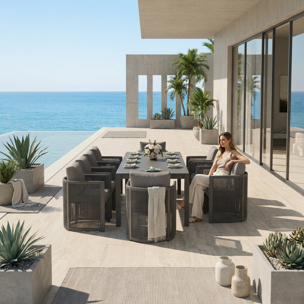 modern dark gray aluminum outdoor dining set for 10 people with a rectangular slatted extendable table on deck- Jardina outdoor modern premium patio furniture