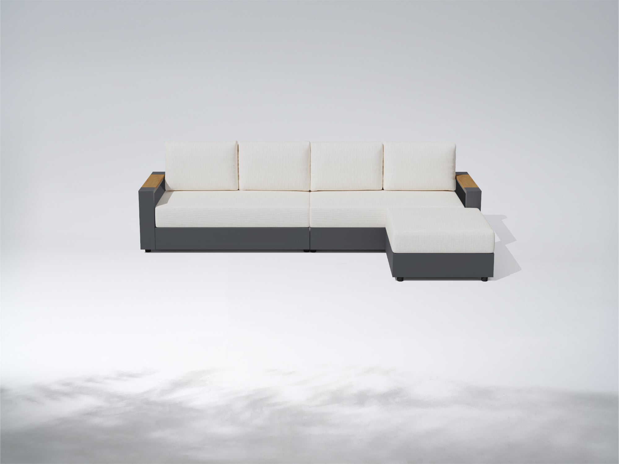 A modern outdoor sectional sofa with cream-colored cushions and a dark gray frame, featuring light brown wooden armrests, shown against a light gray studio background. #config_4‑Seat Chaise