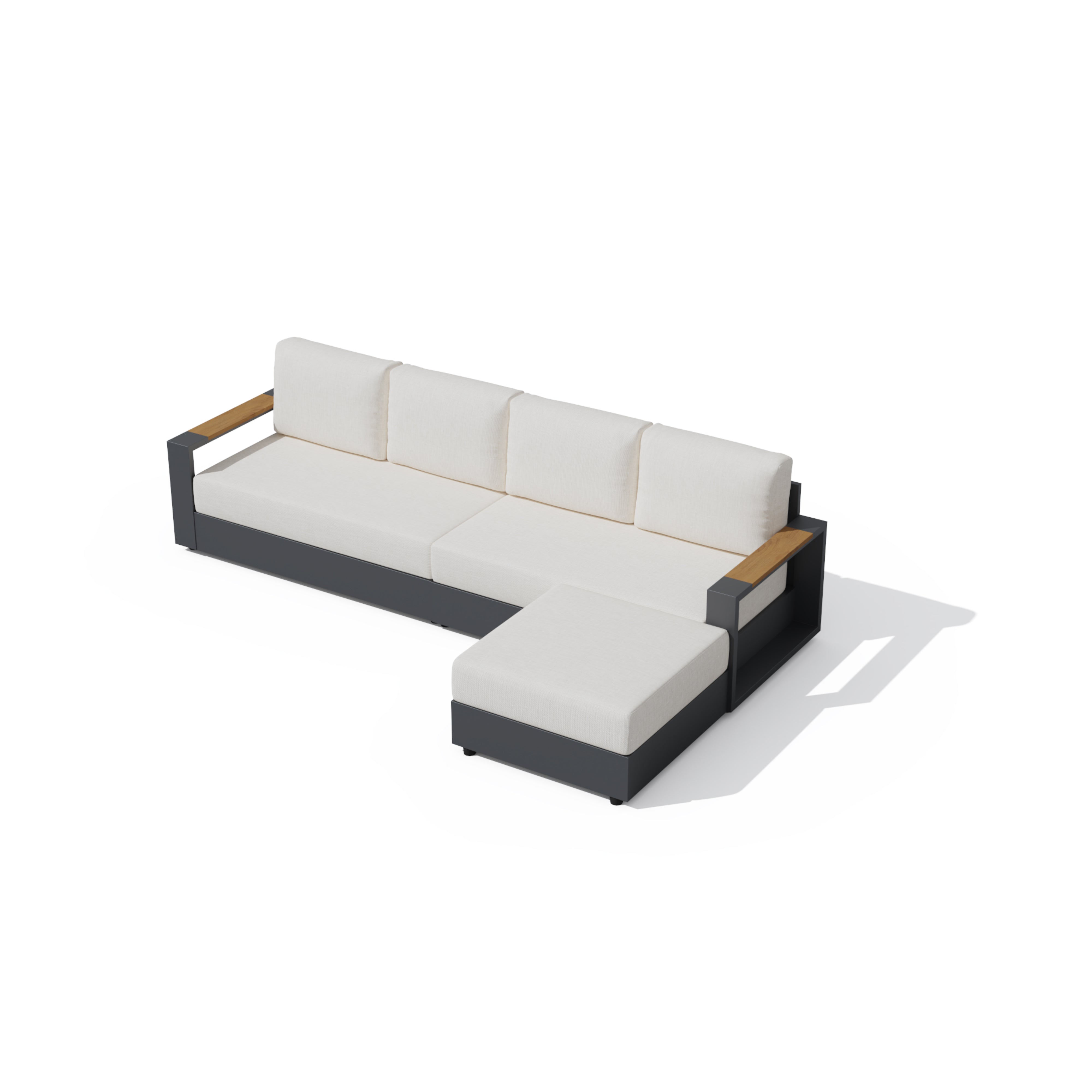 Outdoor sectional sofa with off-white cushions and a dark gray frame, featuring light wood armrest accents, shown on a white background. #config_4‑Seat Chaise