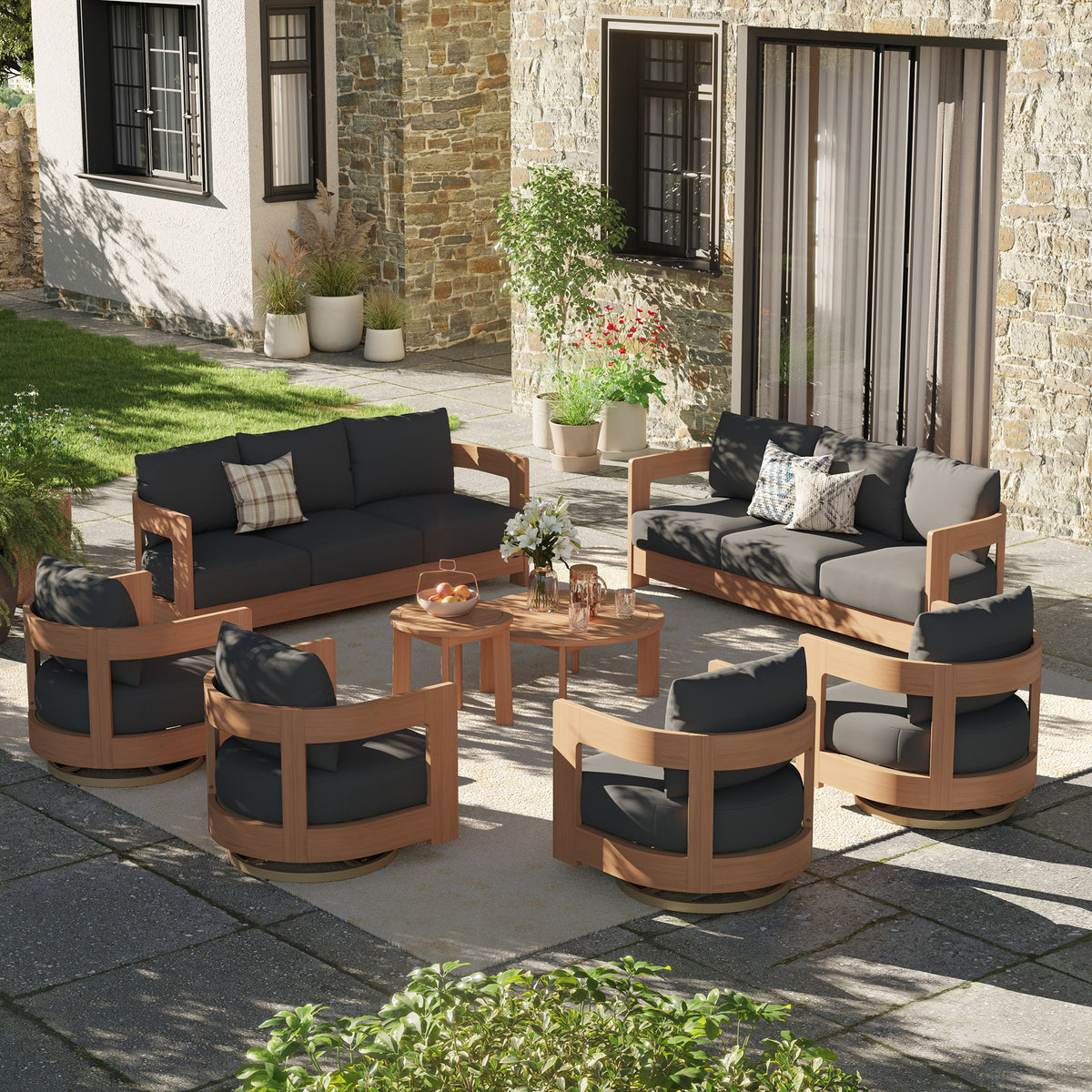 Sova Eucalyptus Wood Outdoor Conversation Set with Swivel Chairs & Two Tables, Black Cushions