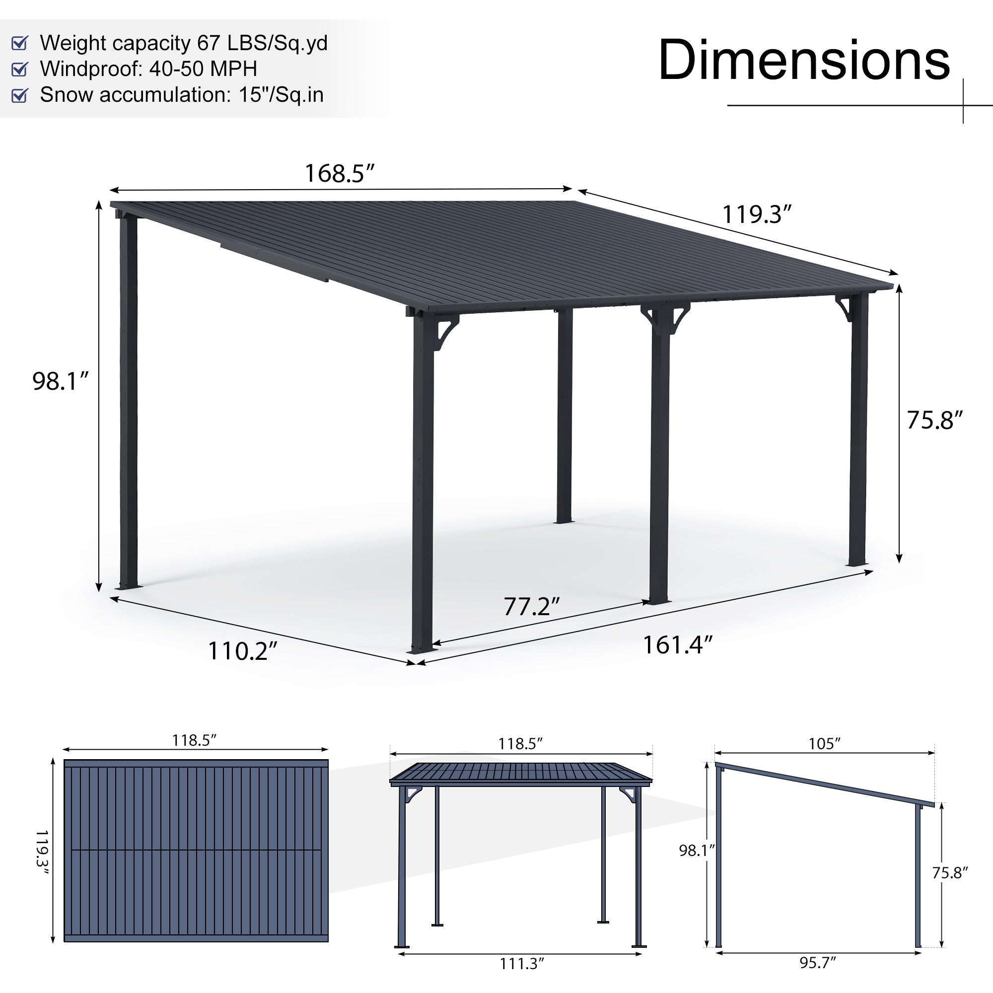 Wall-Mounted Hardtop Gazebo with Metal Awning & Drainage-Multiple Sizes (Dark Grey)