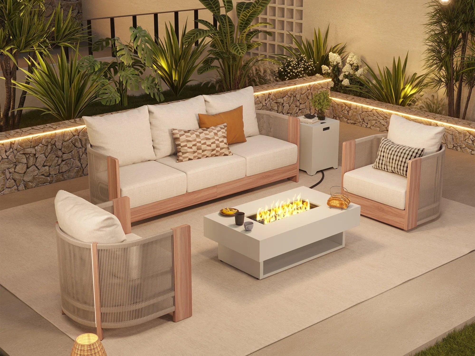 Irati Rope Rattan Design Outdoor Seating Set with Fire Pit