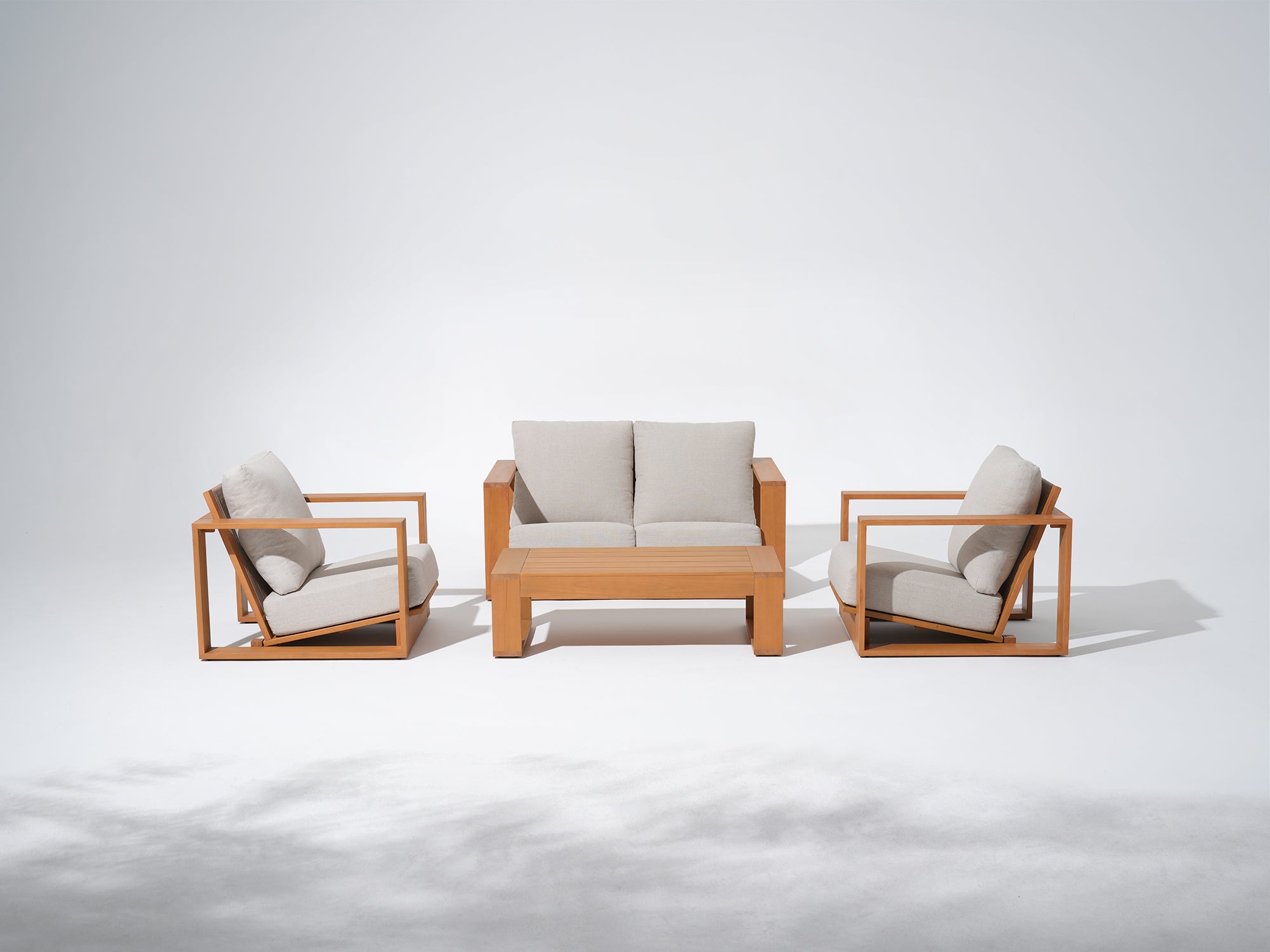 Drift 4-Piece Eucalyptus Wooden Outdoor Furniture Set with Linen-tone Cushions, Angled seat, Rope Backrest