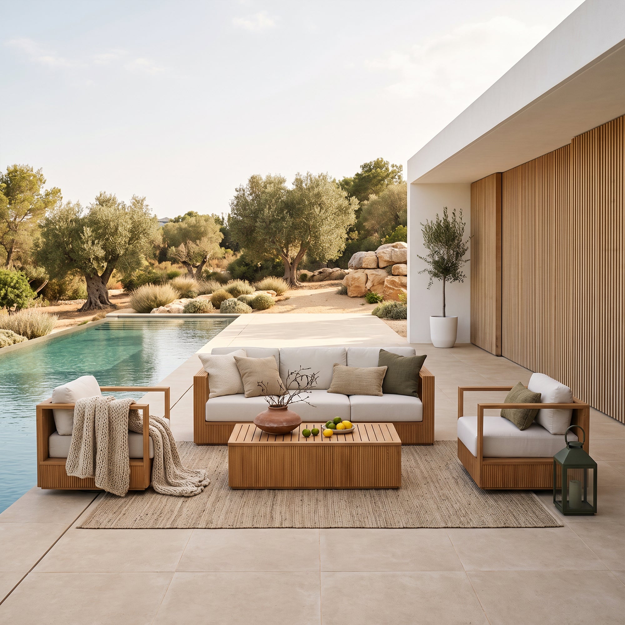 Sintra 5-Seater Teak Sofa Set with Swivel Chairs, Solid Slatted Frame, FSC & Olefin Cushion