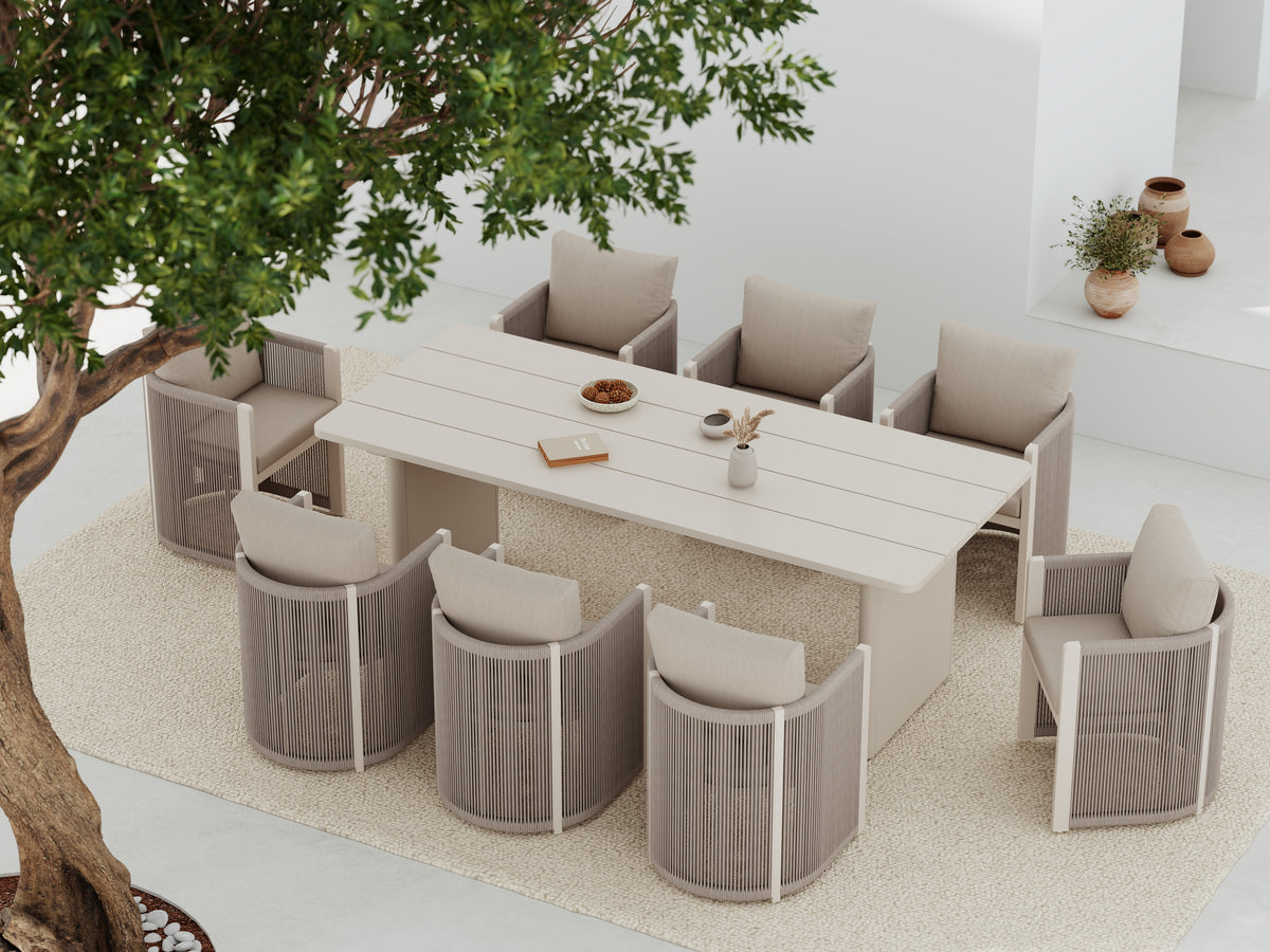 Irati Aluminum Outdoor Dining Set for 6-8 Seats, Oyster White, Rope Design, 86.6" Table