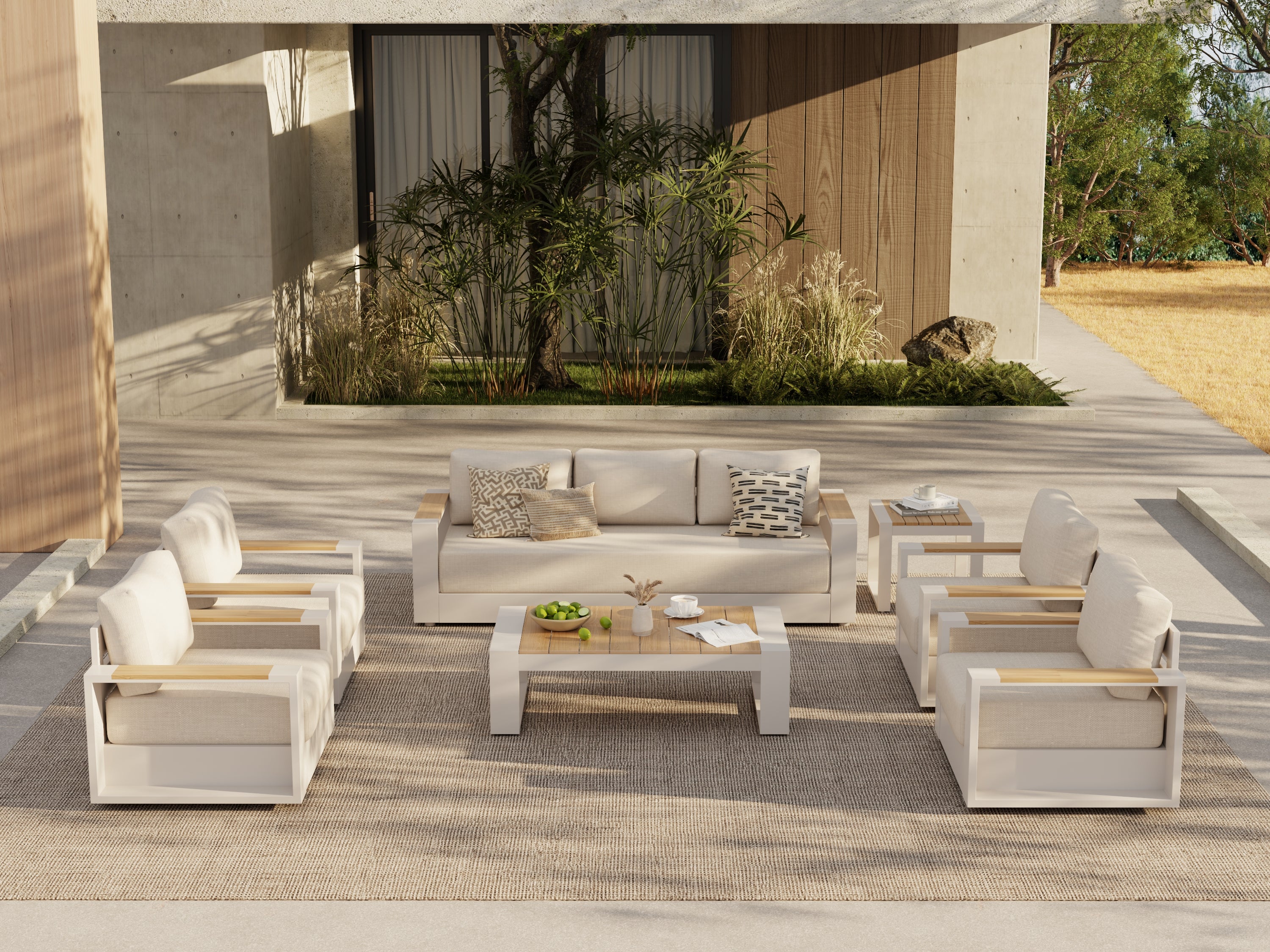 Addison Modern Metal Outdoor Sofa Set, Oyster White Aluminum Frame, Swivel Chairs