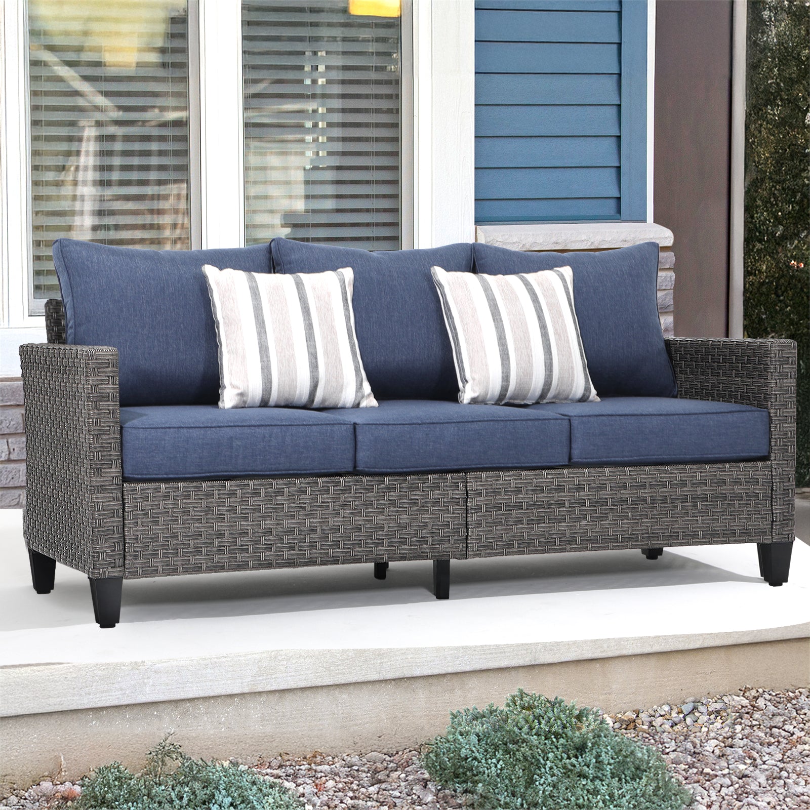 Ayia 3-Seater Wicker Outdoor Sofa with Cushions Gray/Blue