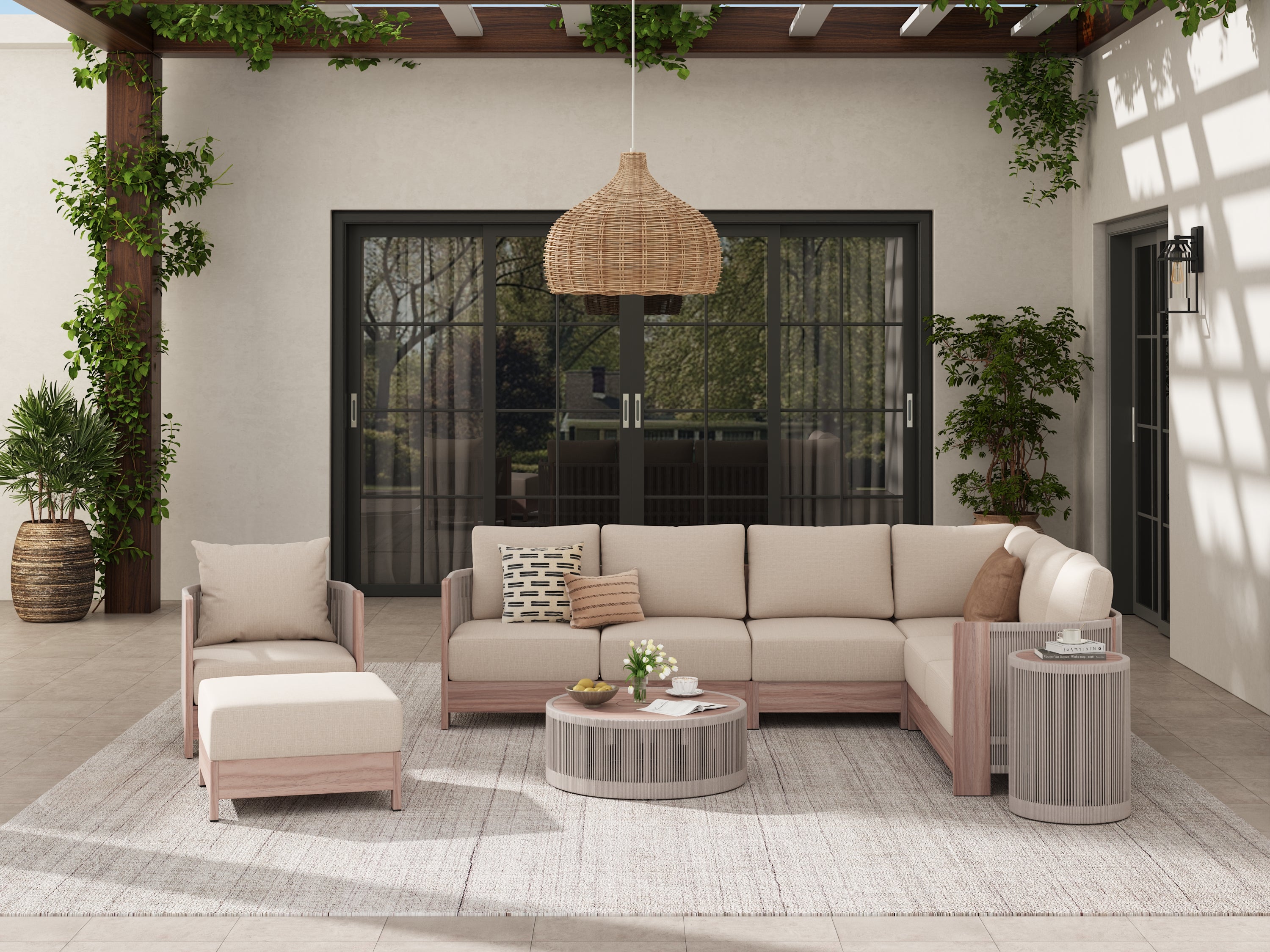 Irati Wood-Look Aluminum L-Shaped Modular Rope Outdoor Sectional Sofa Set with Standard Chair & Ottoman