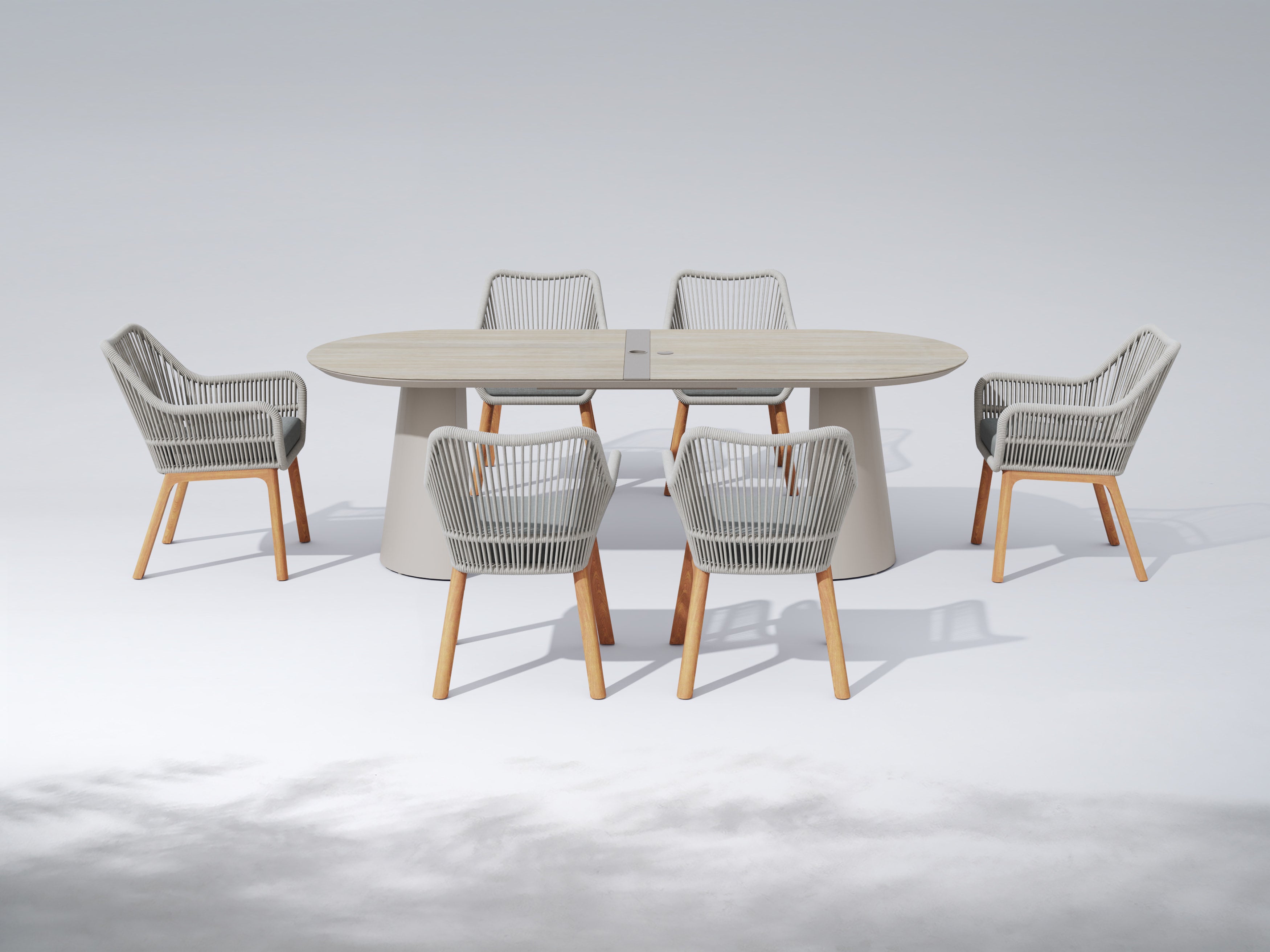 Plena Outdoor Dining Set for 6 with Teak Rope Dining Chairs, Warm Greige Aluminum Frame & Ceramic Glass Tabletop