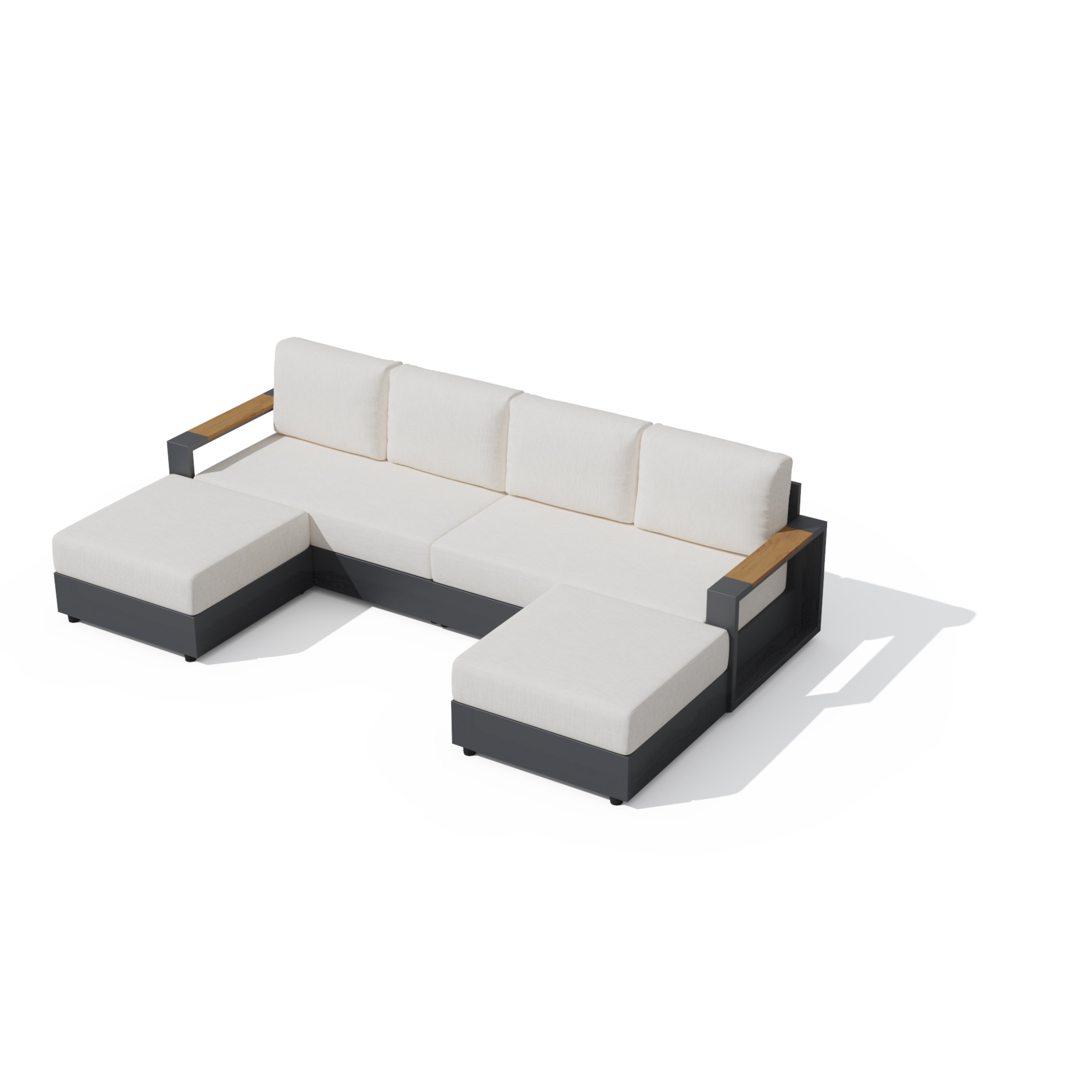An outdoor sectional sofa with off-white cushions and a dark gray frame, featuring light wood armrest accents, shown on a white background with a soft shadow. #config_U‑Shape with Chaise