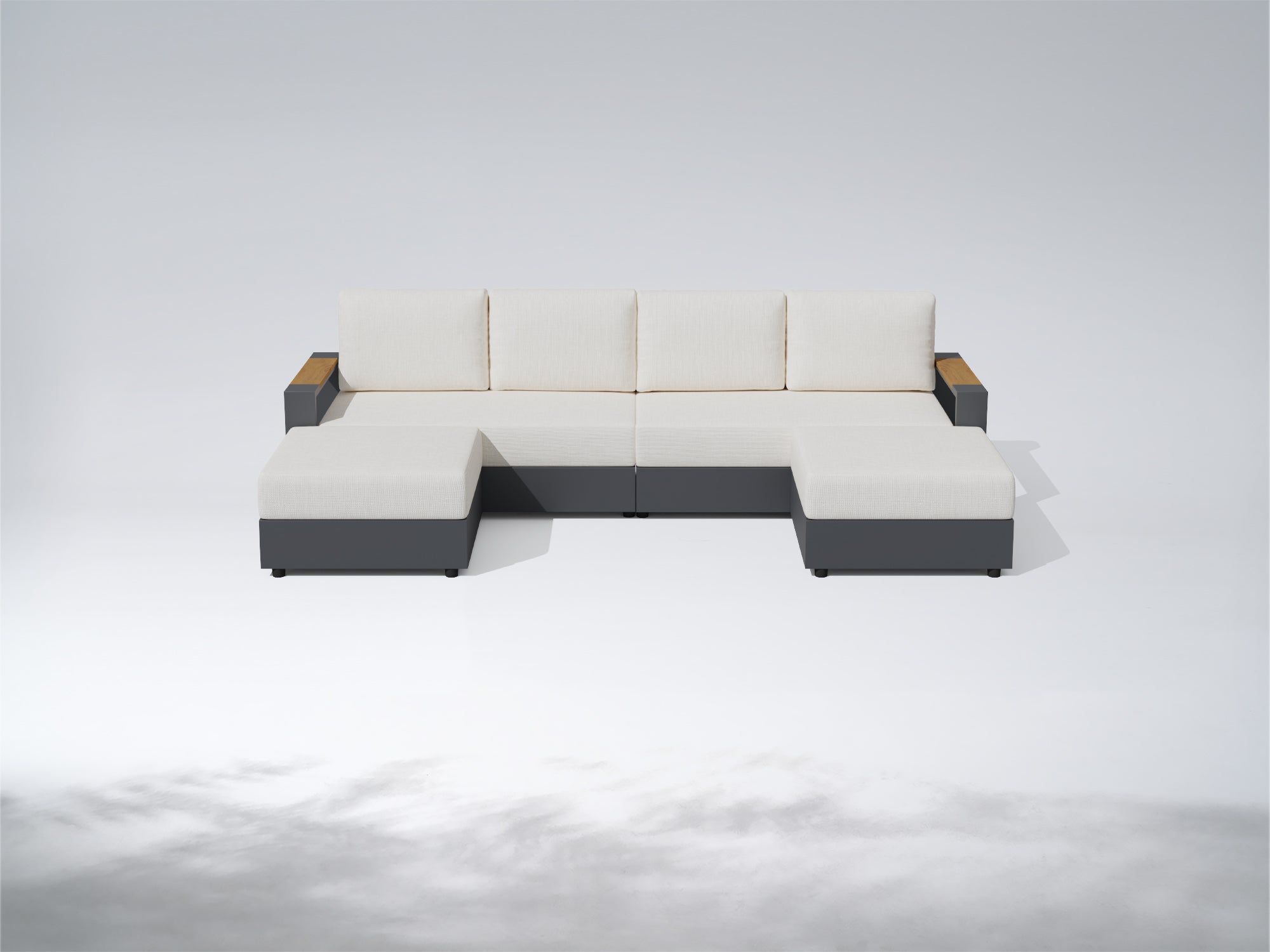A modern sectional sofa with cream-colored cushions and dark gray bases, featuring light wood armrests, shown against a clean light gray studio background. #config_U‑Shape with Chaise