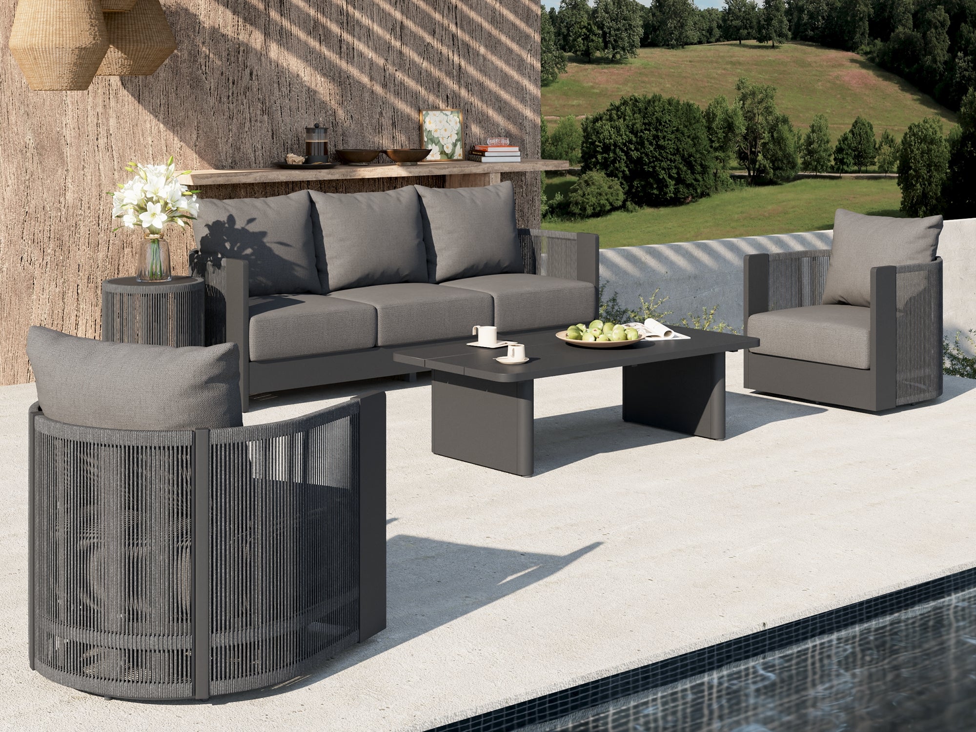 Irati 5-Piece Aluminum Rope Outdoor Conversation conversation Set, Dark Grey Cushions, two swivel chairs, Mixed Tables - Jardina Modern Premium Outdoor Patio Furniture Set