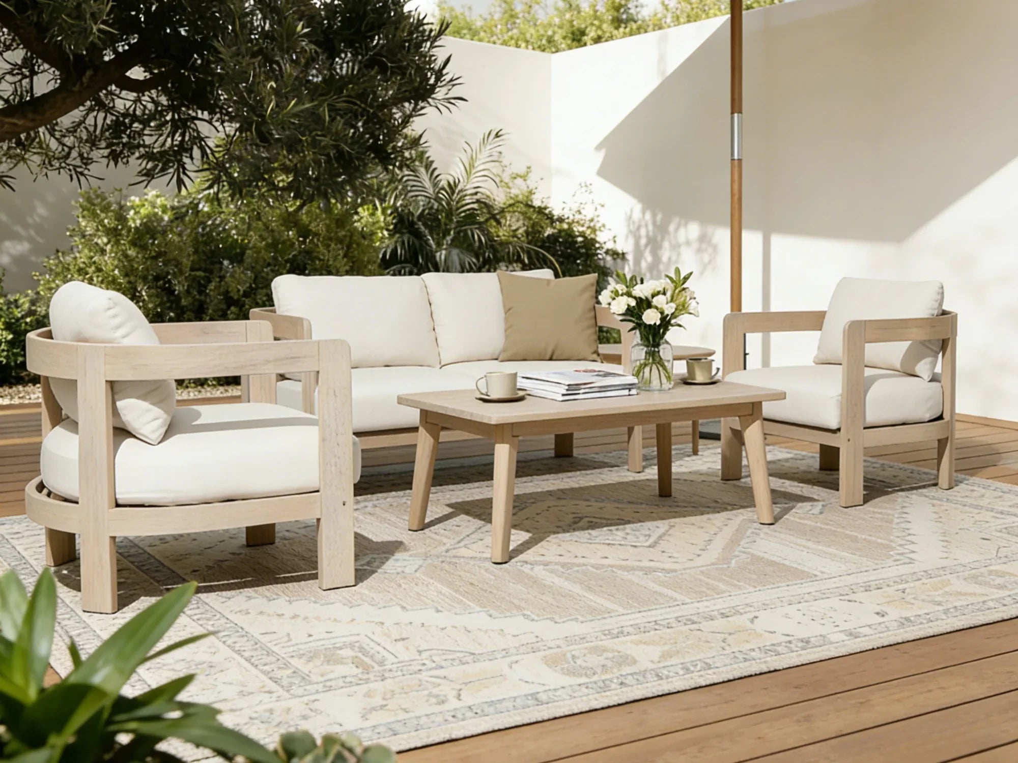 4 seats acacia wood Outdoor patio conversation set with white cushions - Jardina Modern Premium Outdoor Patio Furniture Sets