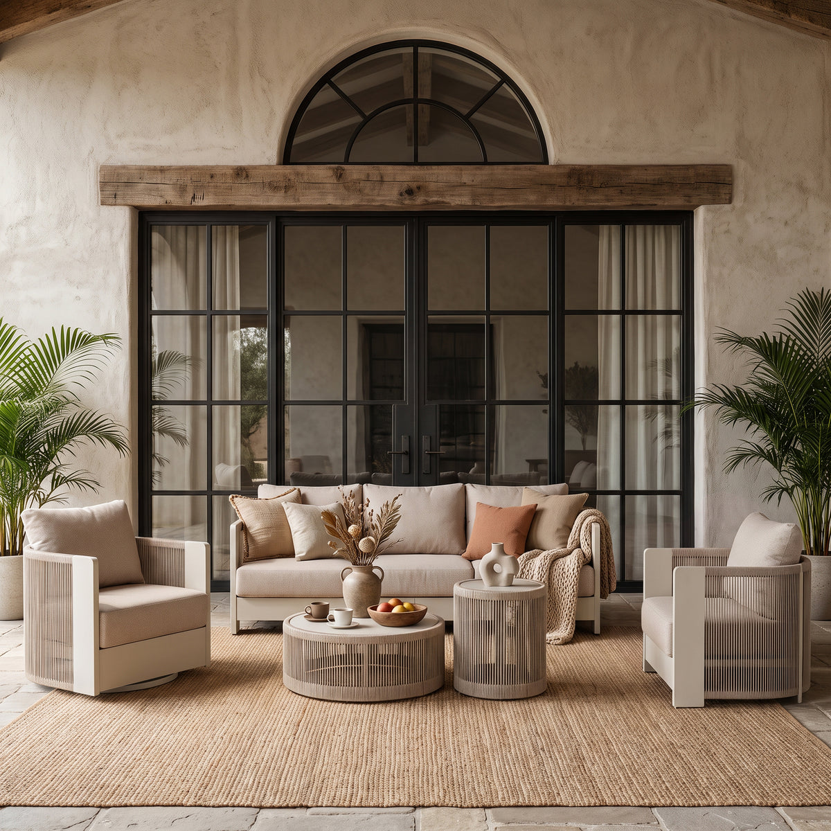Irati 5-Piece Modern Aluminum and Rope Outdoor Conversation Set, Oyster White