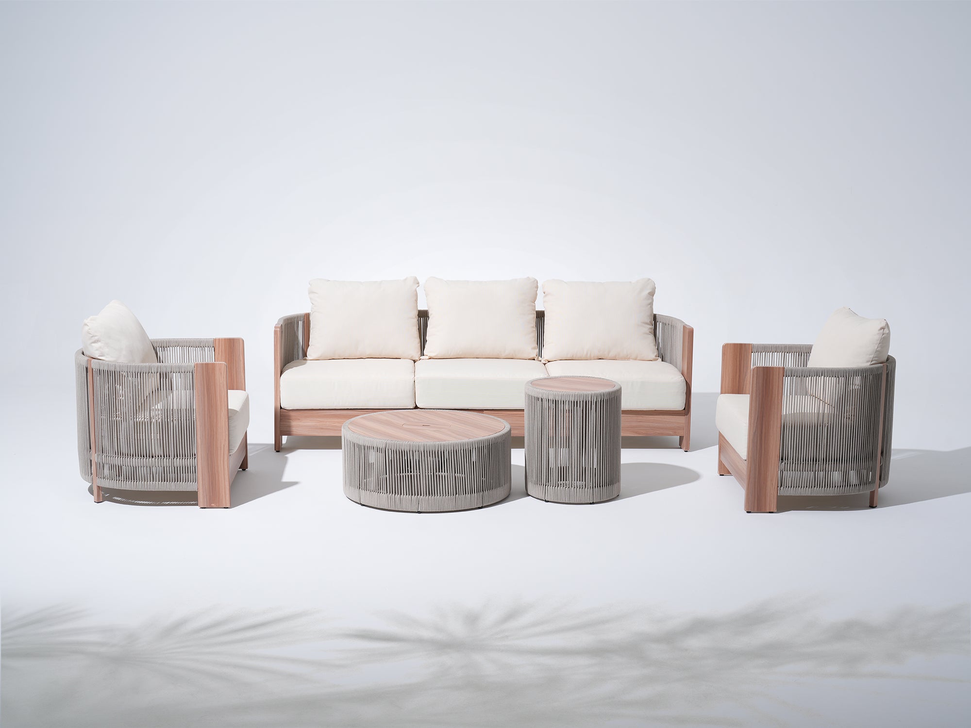 Irati Complete Outdoor Collection, Wood-Look Aluminum Outdoor Furniture with Rope Design & Creamy White Cushion