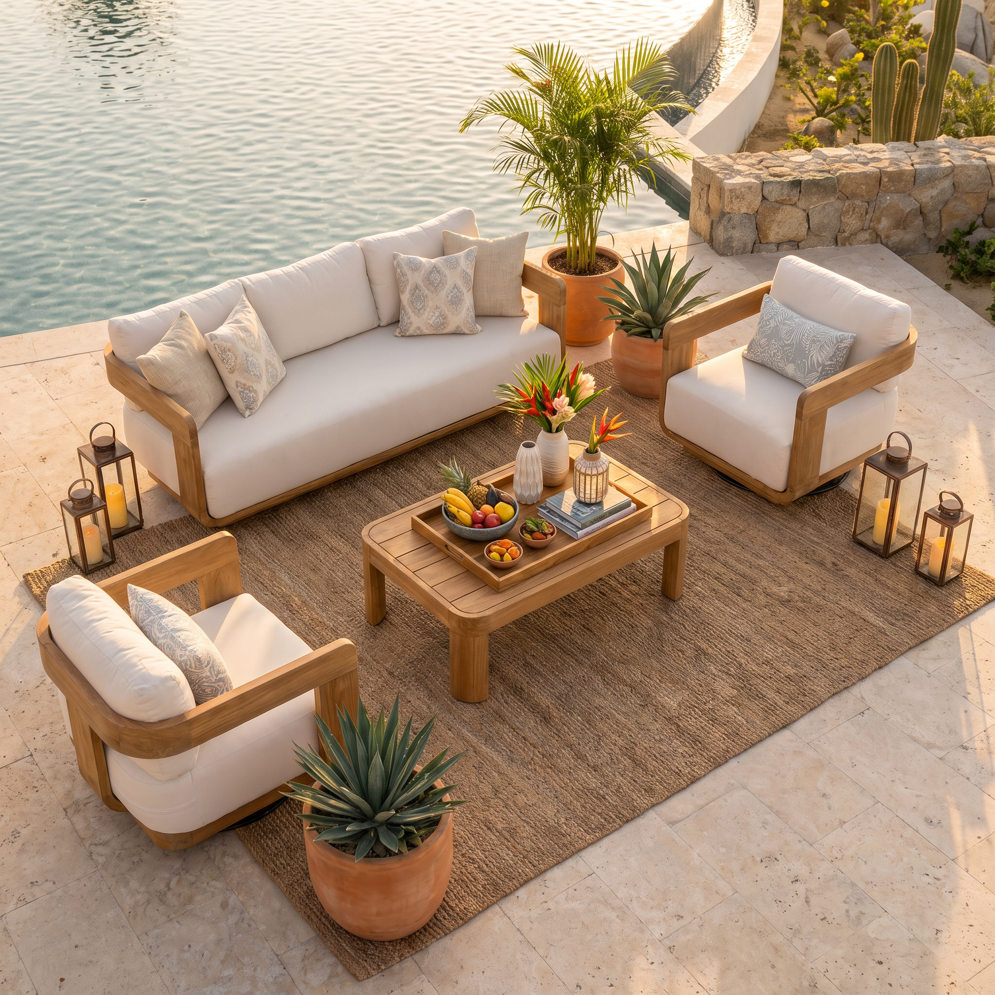 Sintra FSC-Certified Solid Teak Outdoor Conversation Set with Swivel Chairs, White Cushions