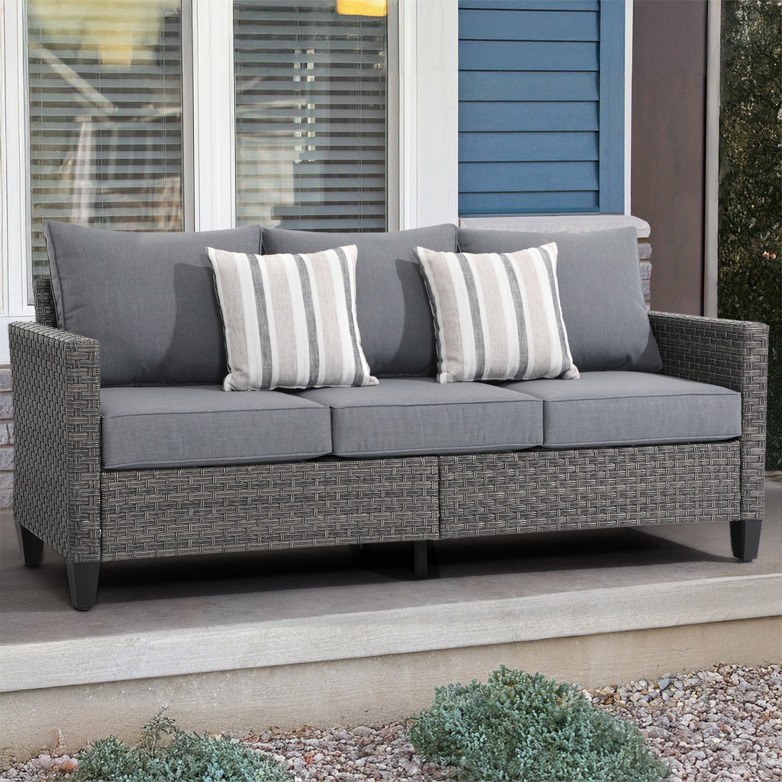 Ayia 3-Seater Wicker Outdoor Sofa with Cushions Gray/Blue