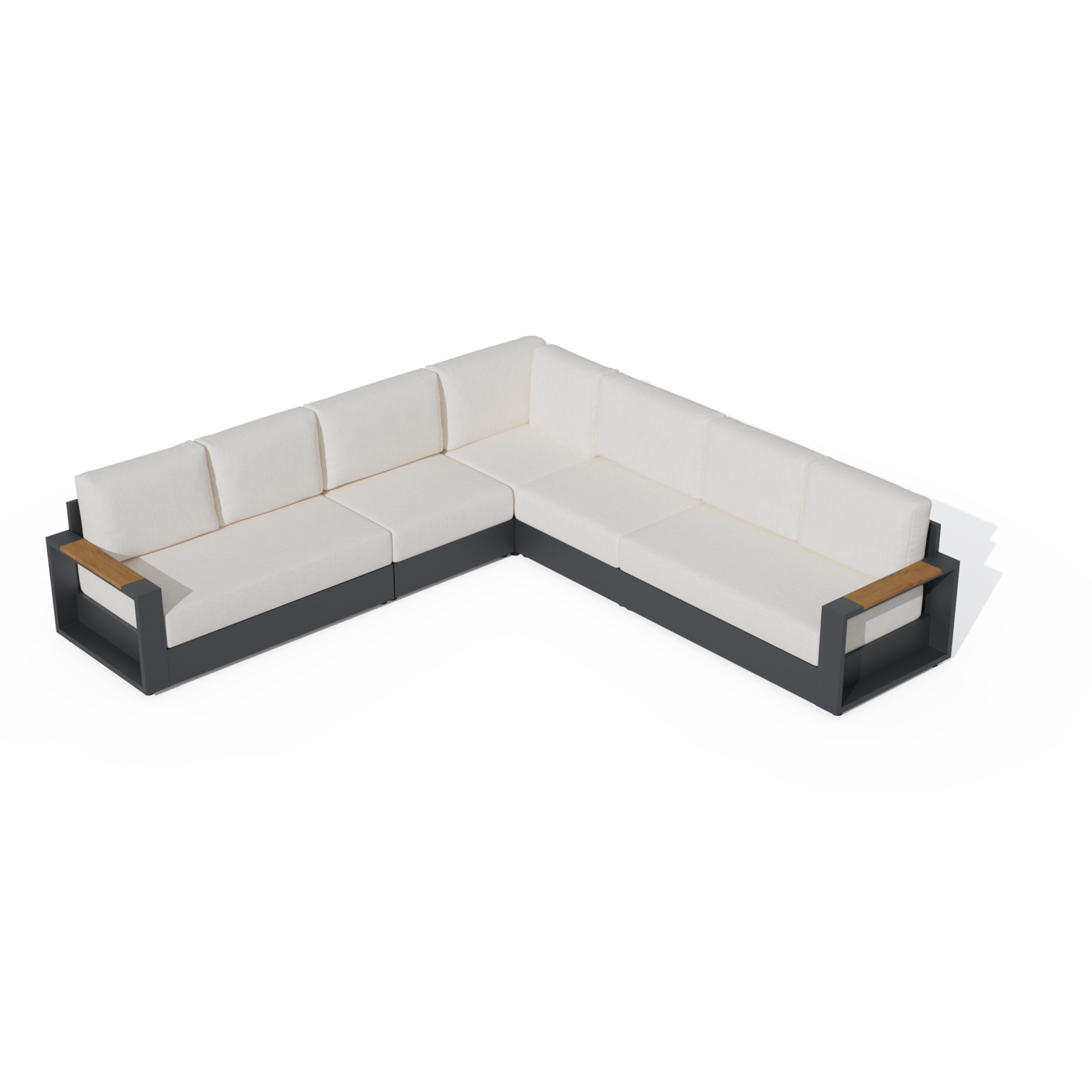 An L-shaped outdoor sectional sofa with off-white cushions and a dark gray frame, featuring light wood armrest accents, shown on a white background. #config_7-Seat L‑Corner