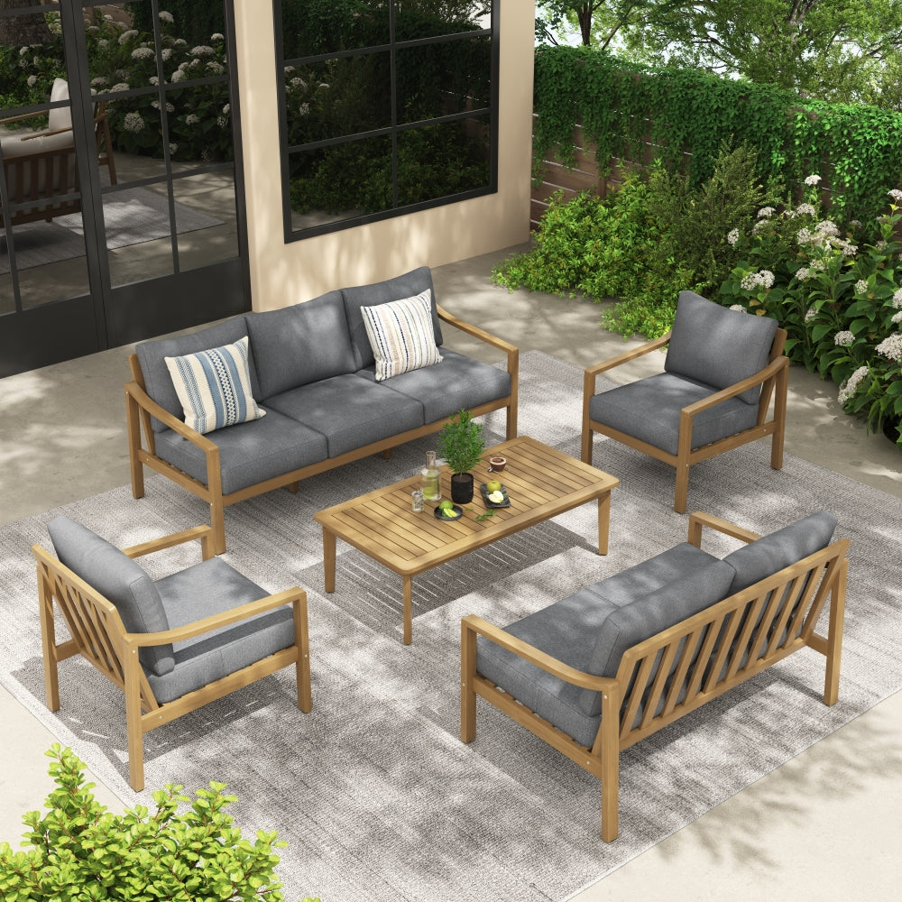 Noto 7 seats Outdoor patio furniture set with wooden frames and gray cushions on a patio- Jardina Modern Premium Patio Outdoor Furniture