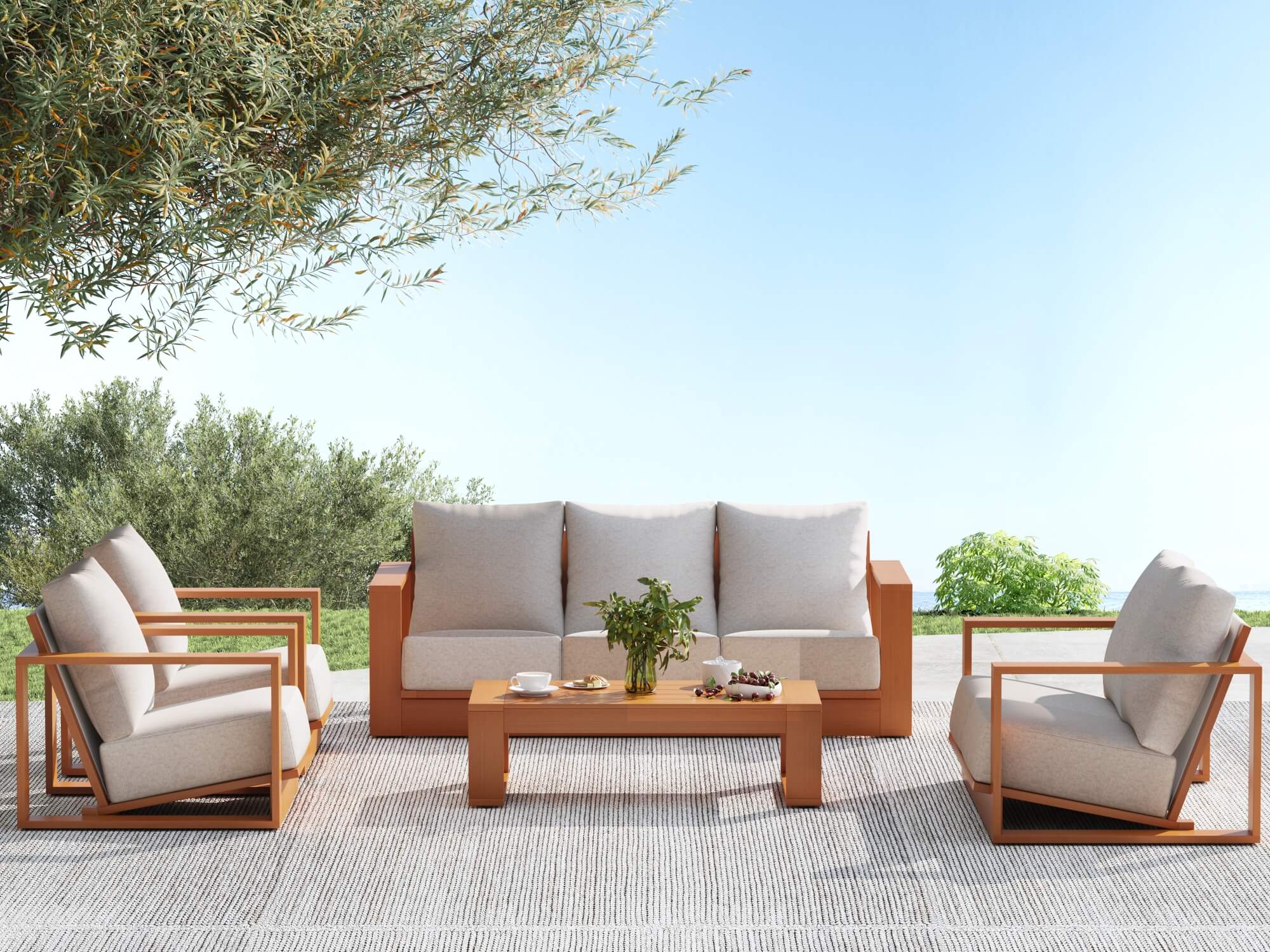 Drift 5-Piece Eucalyptus Wooden Outdoor Sofa Set with Linen-tone Cushions, Angled seat, Rope Backrest