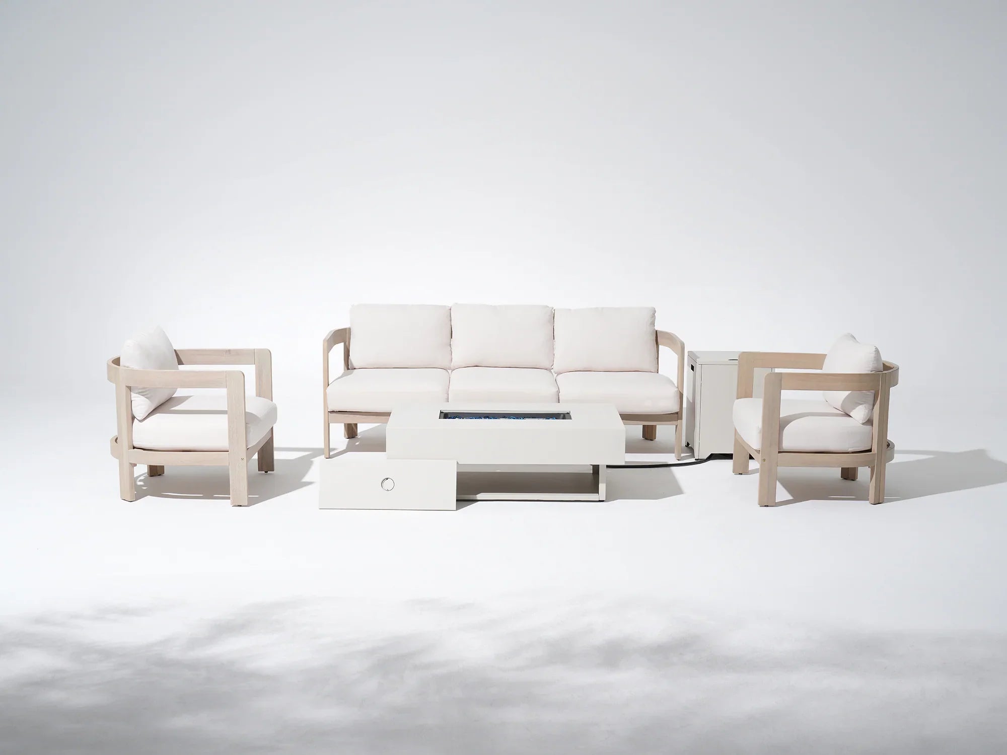White acacia wood outdoor furniture fire pit set with sofa, chairs, and table - Jardina Modern Premium Outdoor Patio Furniture Sets