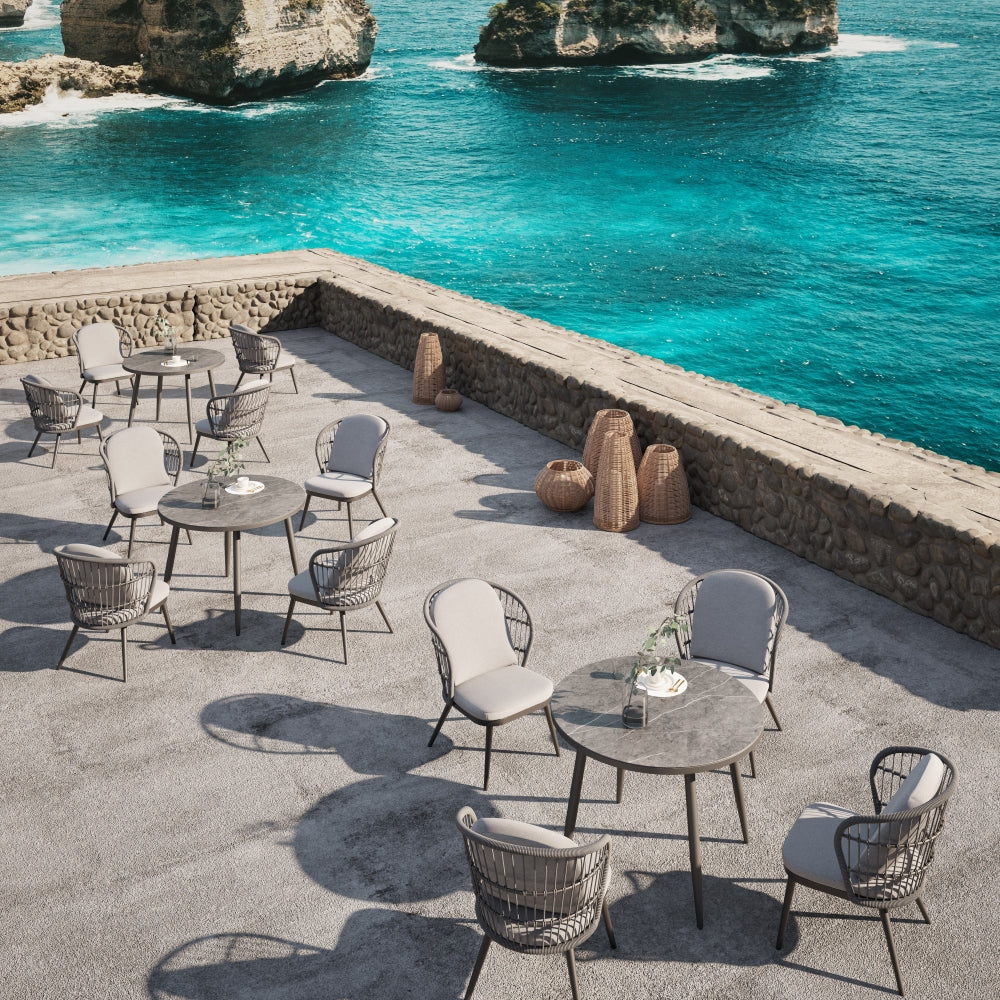 grey modern outdoor dining sets, aluminum and rope design
