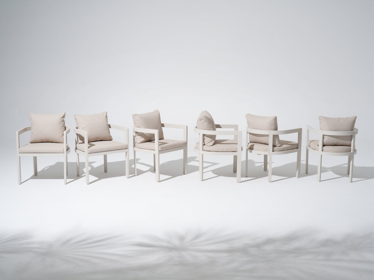 Sova Aluminum Outdoor Dining Chairs, Oyster White Frame & Light Beige Cushions, Set of 2/4/6