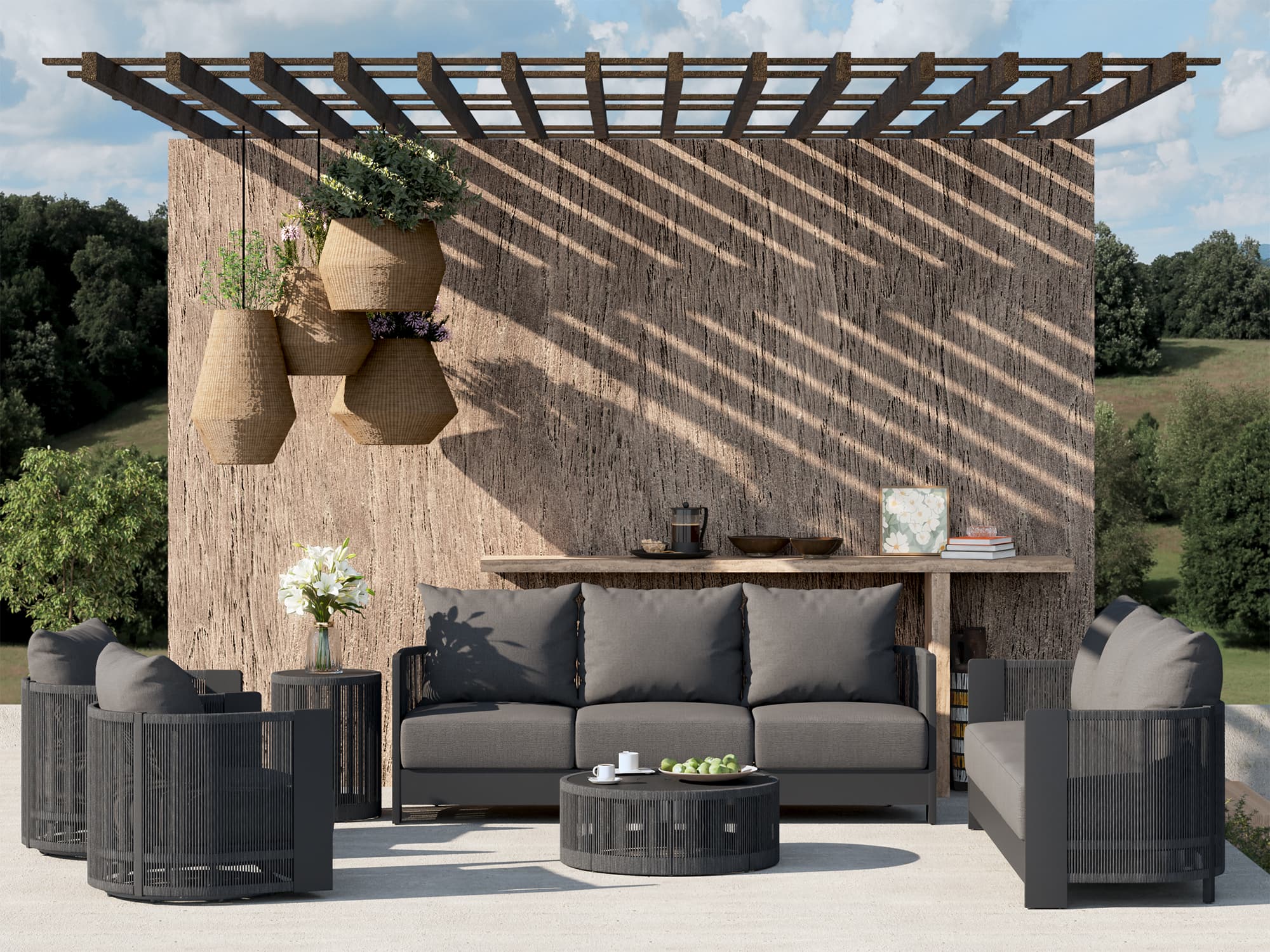 Irati 6-Piece Aluminum Rope Outdoor Conversation Set with Swivel Chairs, Dark Grey Cushions