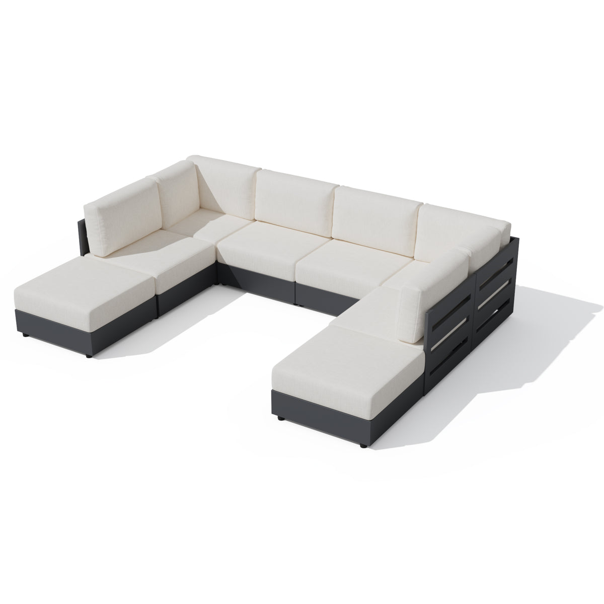 An outdoor sectional sofa with cream-colored cushions and a dark gray frame, shown on a clean white background with a soft shadow. #config_U‑Shape with Ottomans