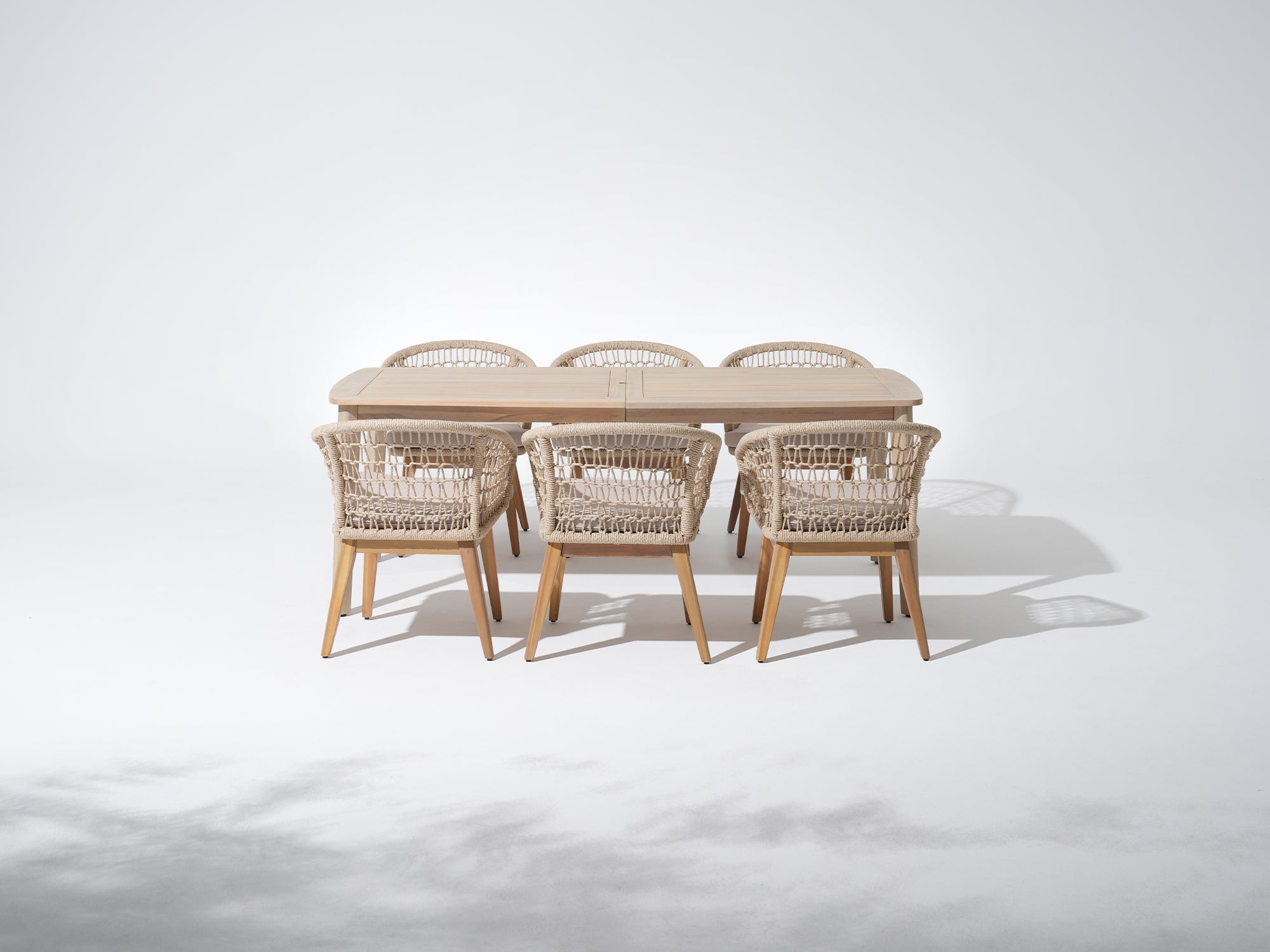 Noto 83'' Wooden Patio Dining Set with Umbrella Hole for 6 People, Nylon Honeycomb Chairs