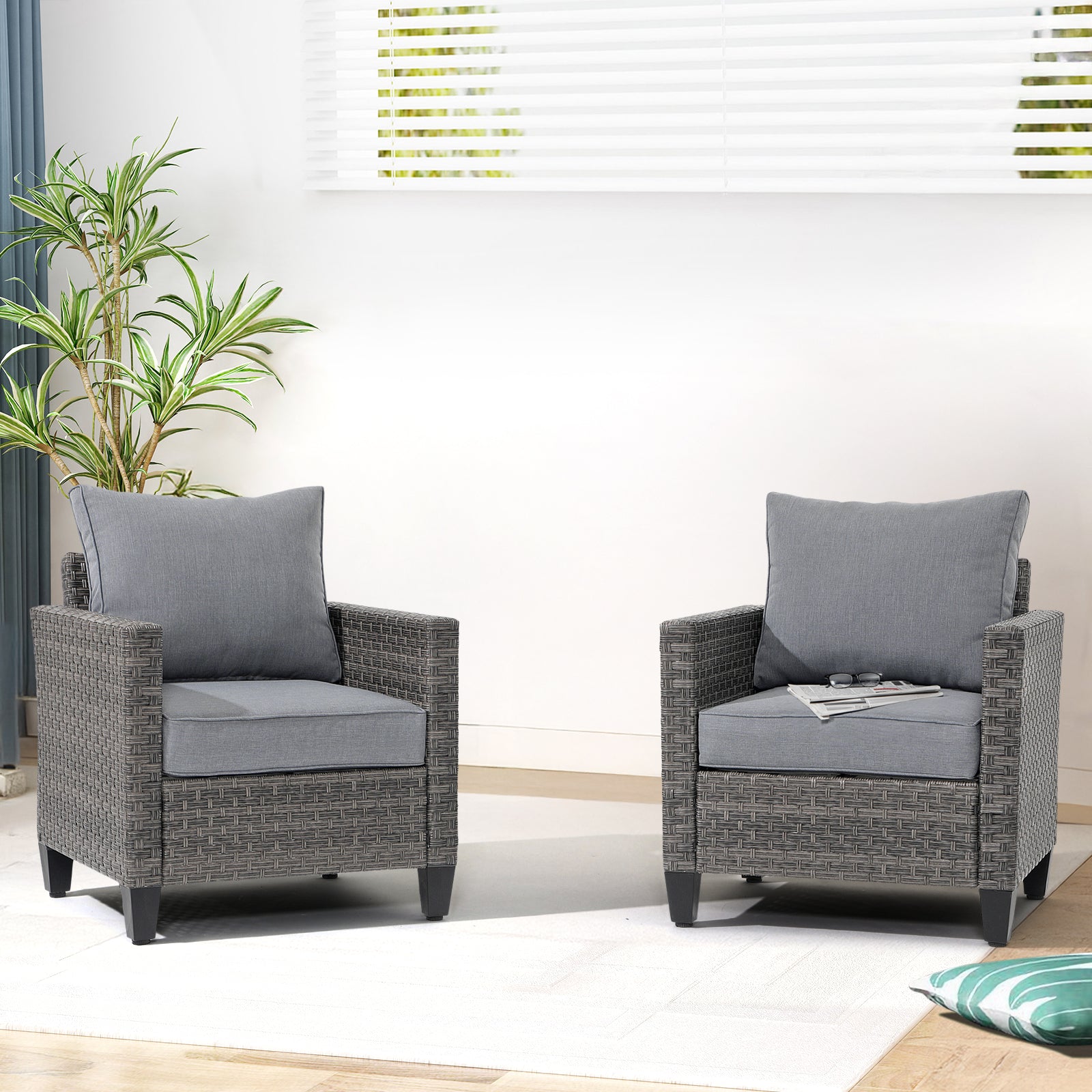 Ayia Grey Wicker Lounge Chairs with Cushions, Set of 2