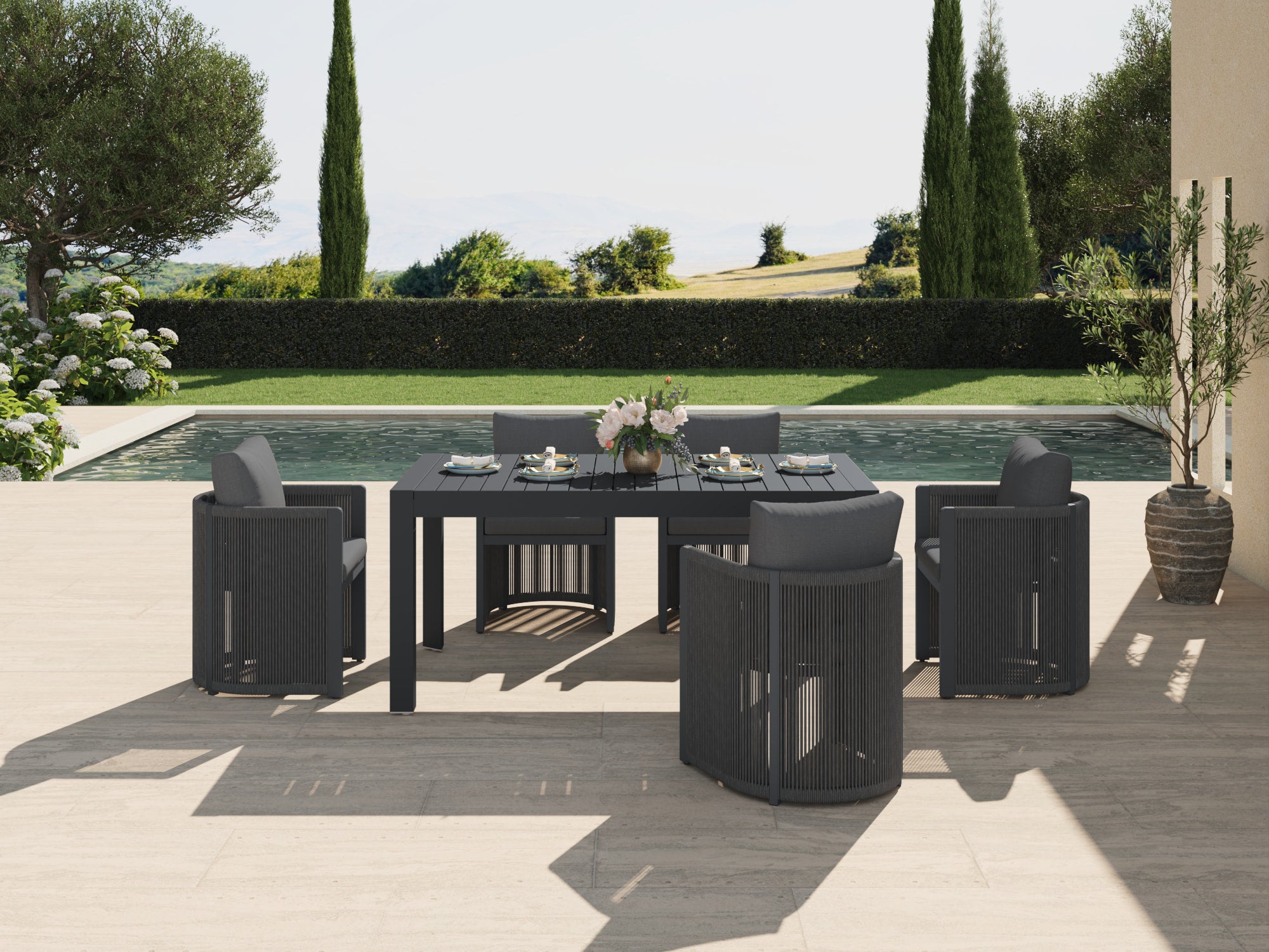 Irati Aluminum Outdoor Dining Set for 6-10 Seats, Dark Grey, Rope Design, Extendable Table
