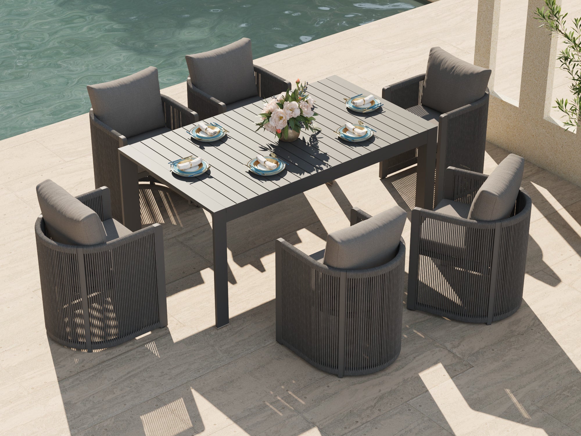 Irati Aluminum Outdoor Dining Set for 6-10 Seats, Dark Grey, Rope Design, Extendable Table