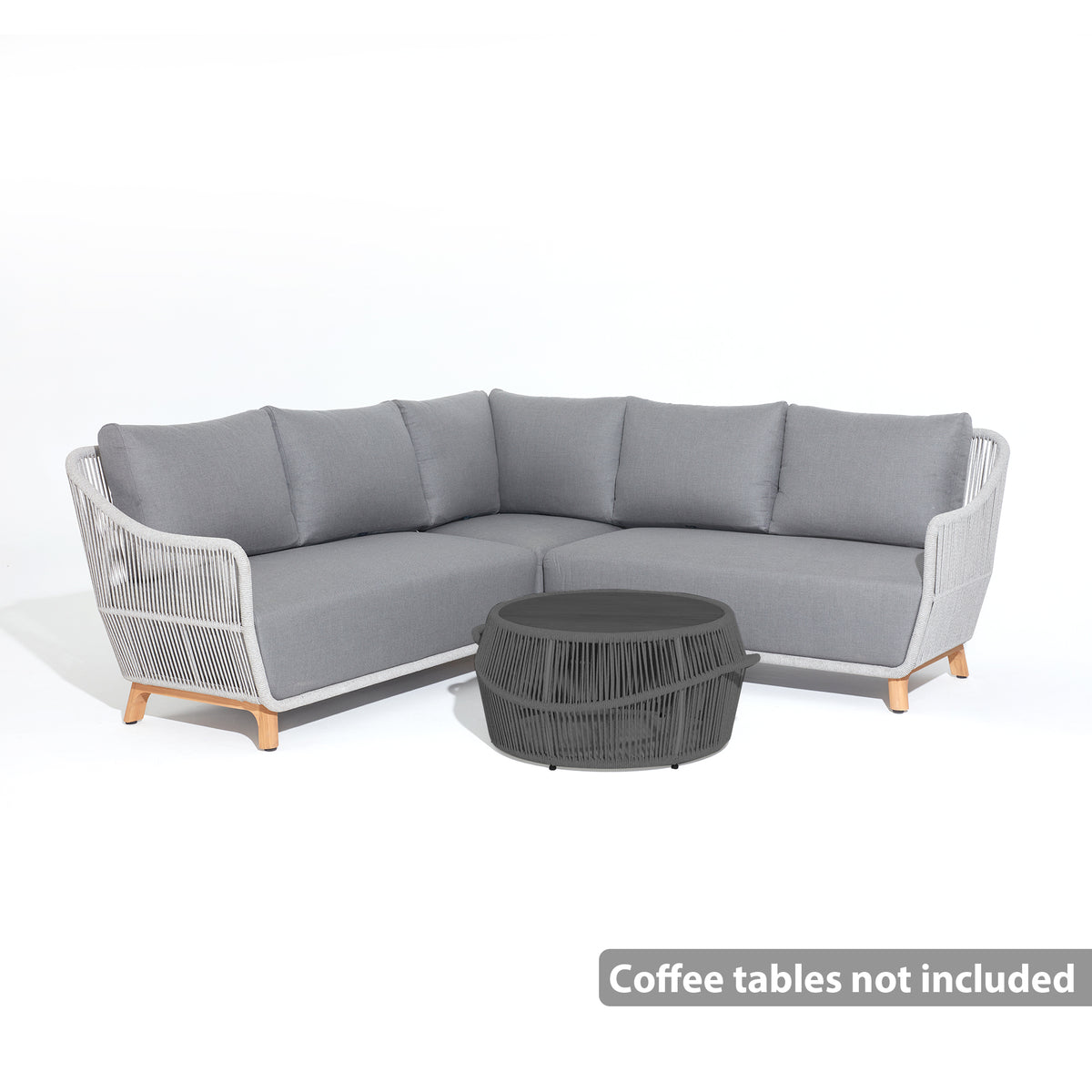 Plena Teak and Rope Modular L-Shaped Outdoor Sectional Sofa Set with Round Coffee Tables