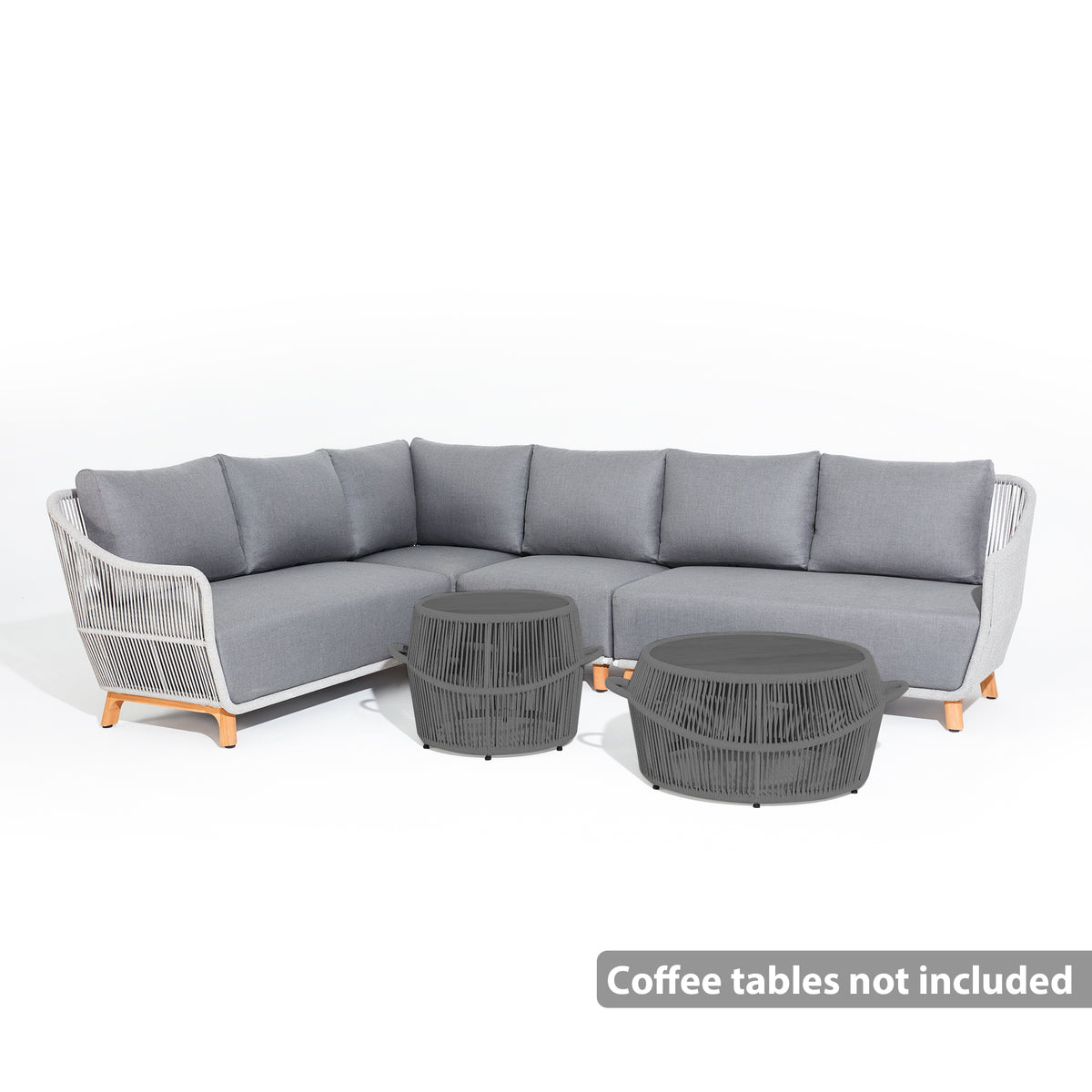 Plena Teak and Rope Modular L-Shaped Outdoor Sectional Sofa Set with Round Coffee Tables